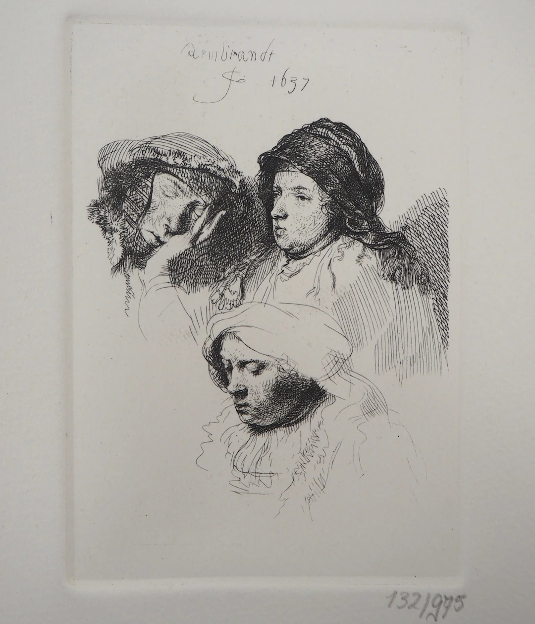 REMBRANDT (d’après) : Trois têtes de femmes,1637 - Gravure signée et numérotée