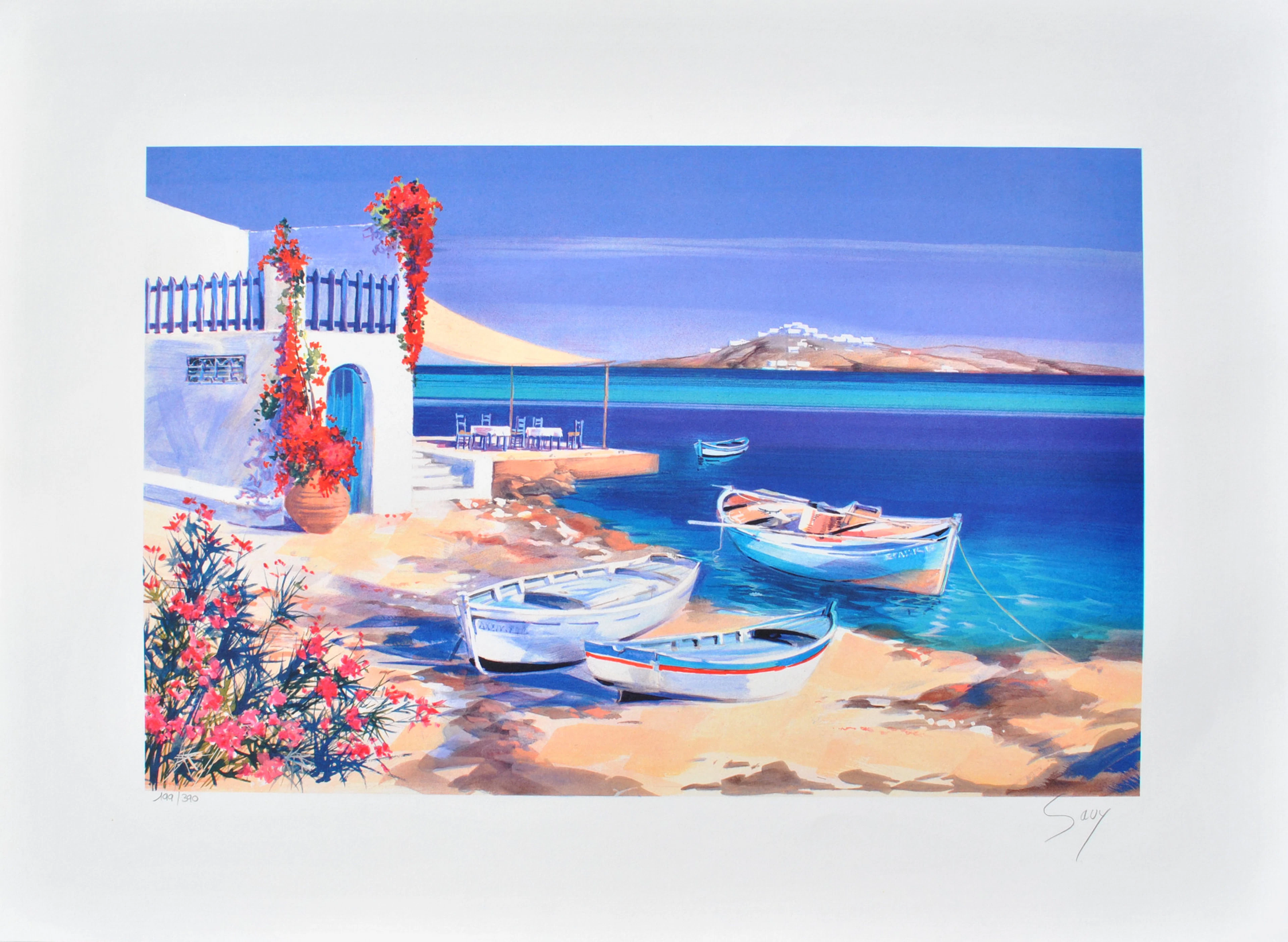 André SAVY : Les trois barques à Santorin, LITHOGRAPHIE originale signée