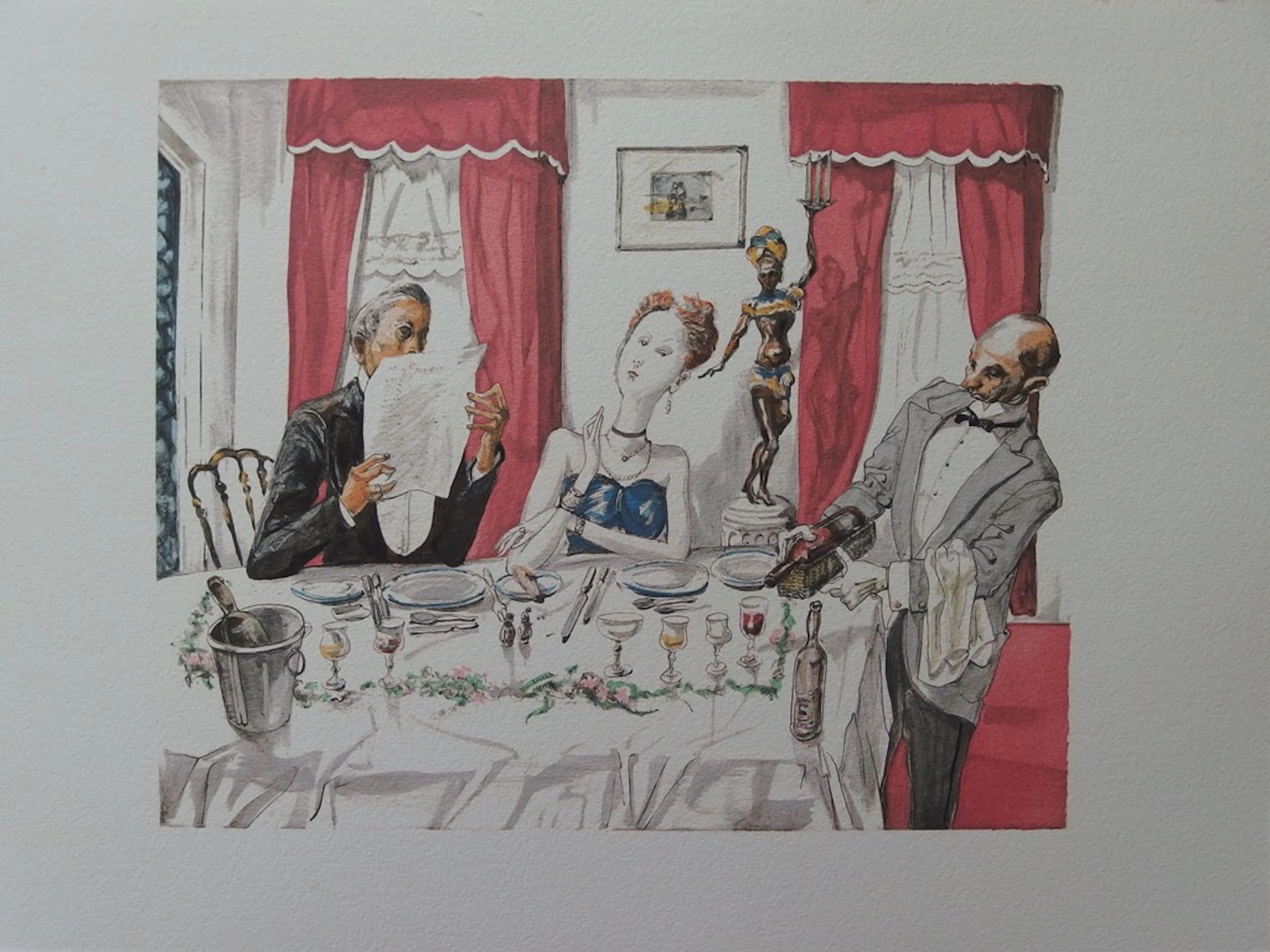 Tsuguharu FOUJITA - Diner mondain, 1952 - Lithographie réhaussée à l’aquarelle