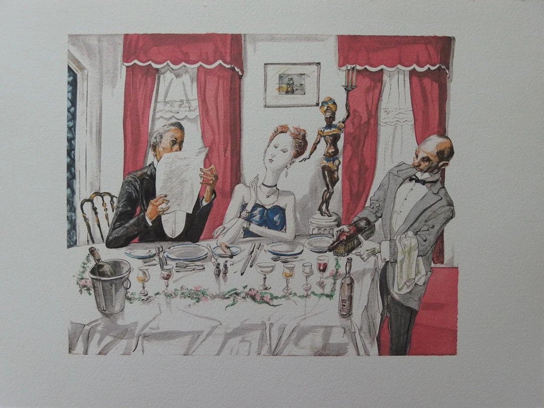 Tsuguharu FOUJITA - Diner mondain, 1952 - Lithographie réhaussée à l’aquarelle