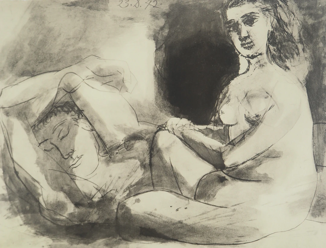 Pablo PICASSO : Femme contemplant son amant endormi, Lithographie et pochoir