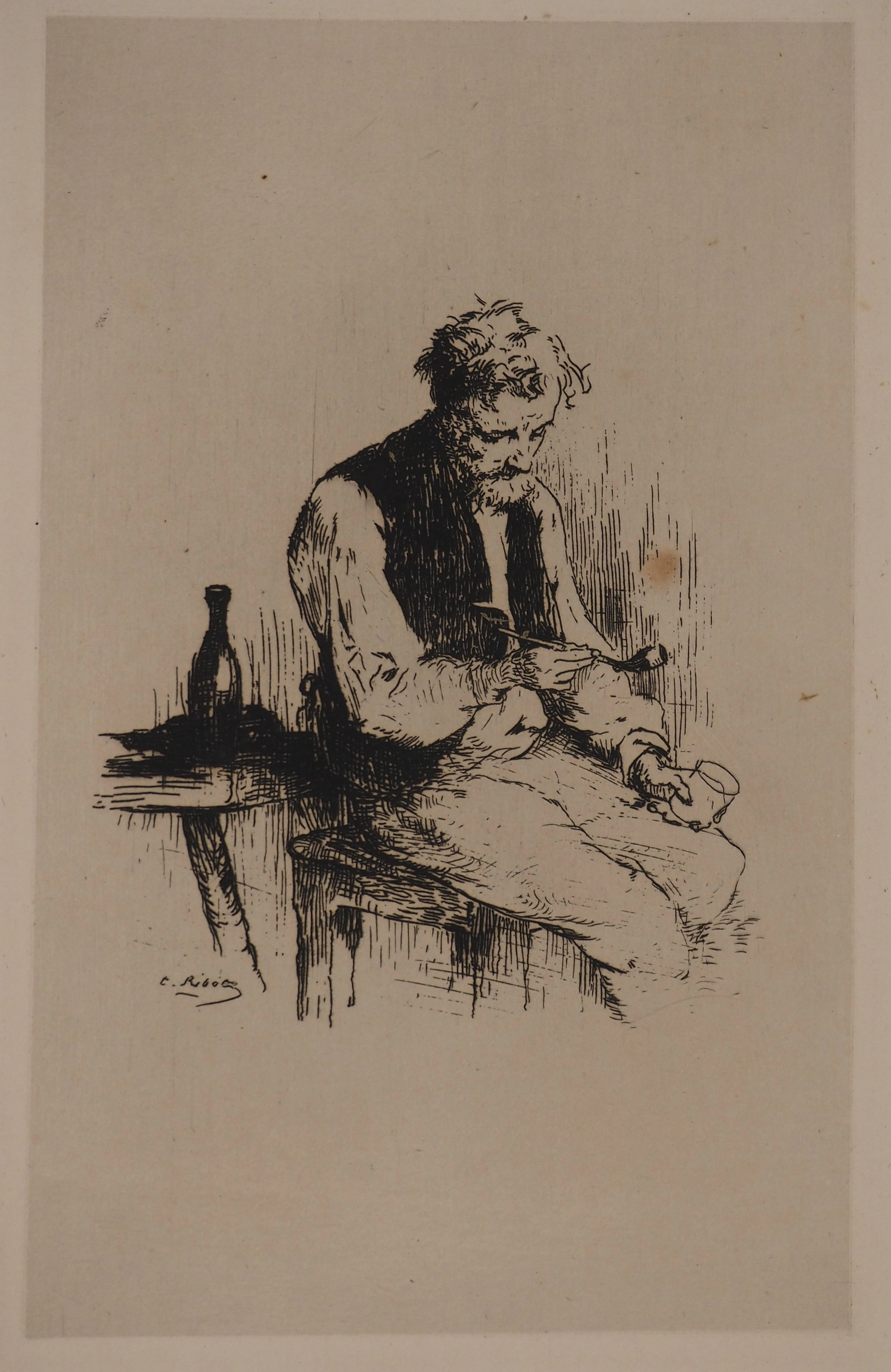 Théodule RIBOT : Homme à la pipe, Gravure originale signée