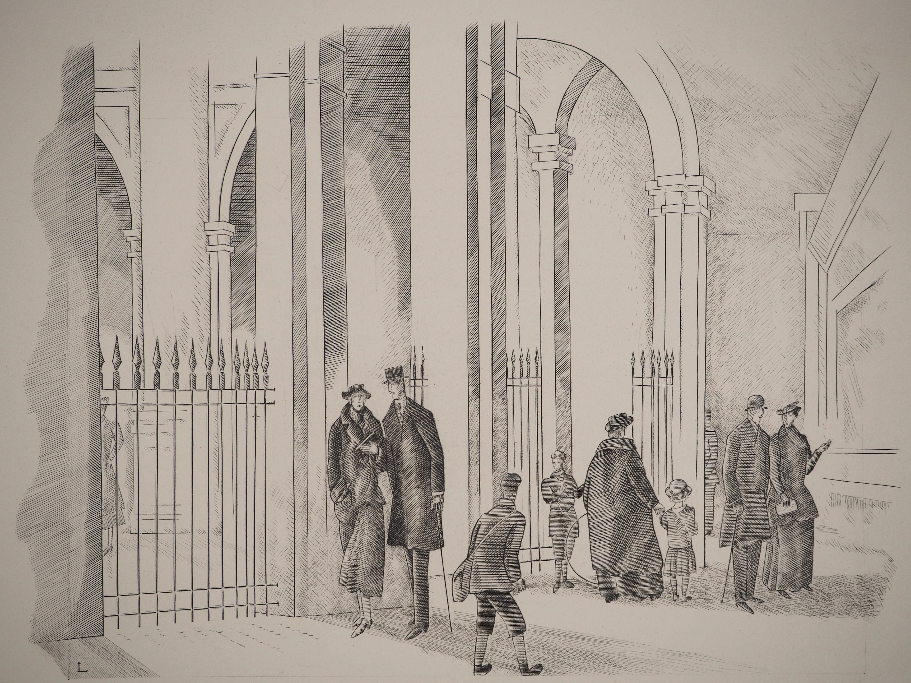 Jean-Emile LABOUREUR : Sous les arches du Palais Royal, Gravure originale