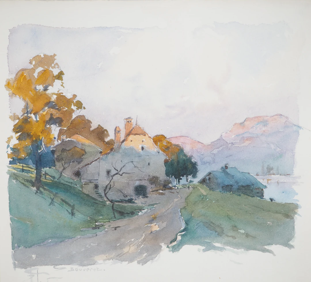 René LEVERD : Suisse, Coucher de soleil sur Bouveret, Aquarelle originale
