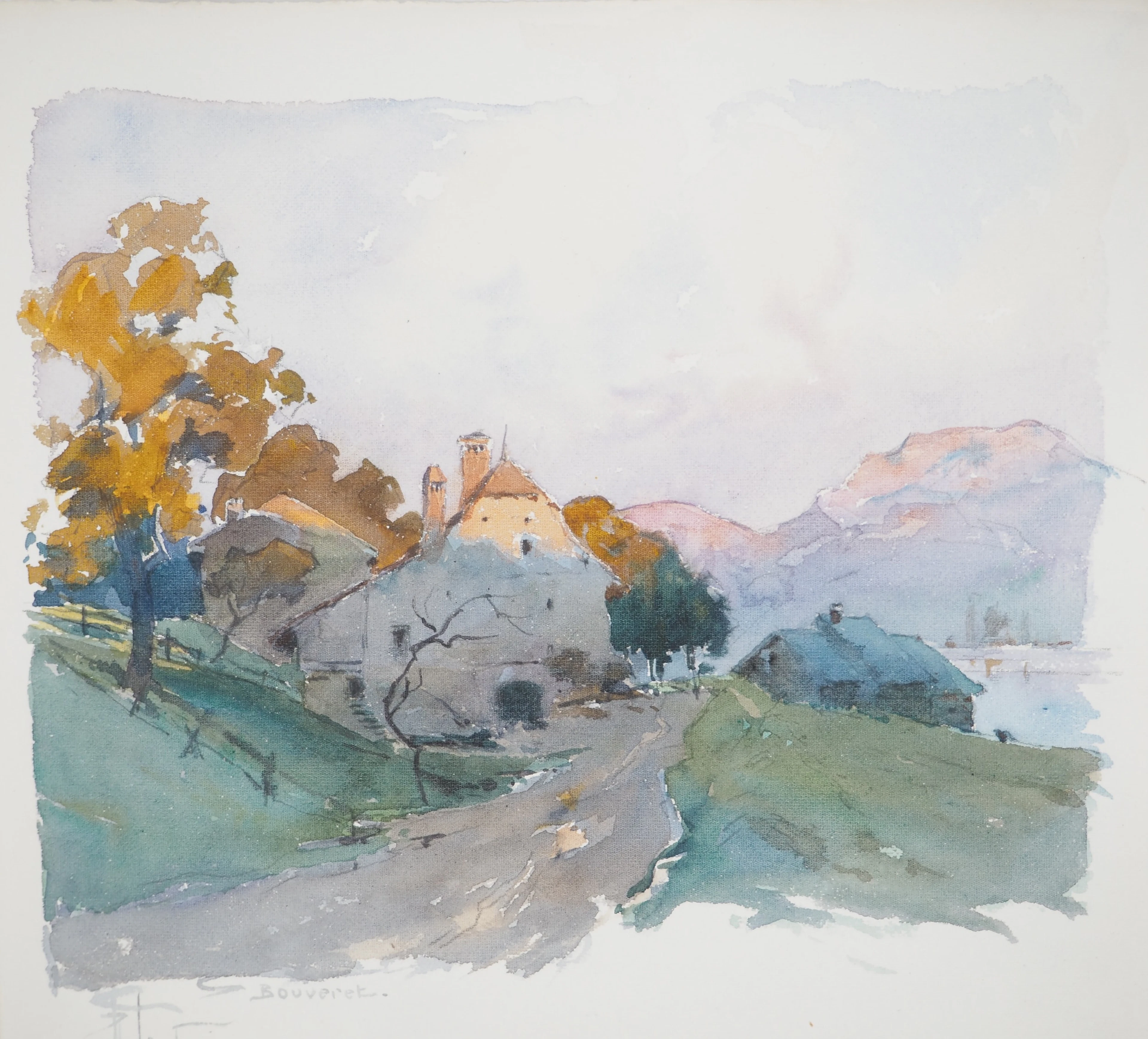 René LEVERD : Suisse, Coucher de soleil sur Bouveret, Aquarelle originale