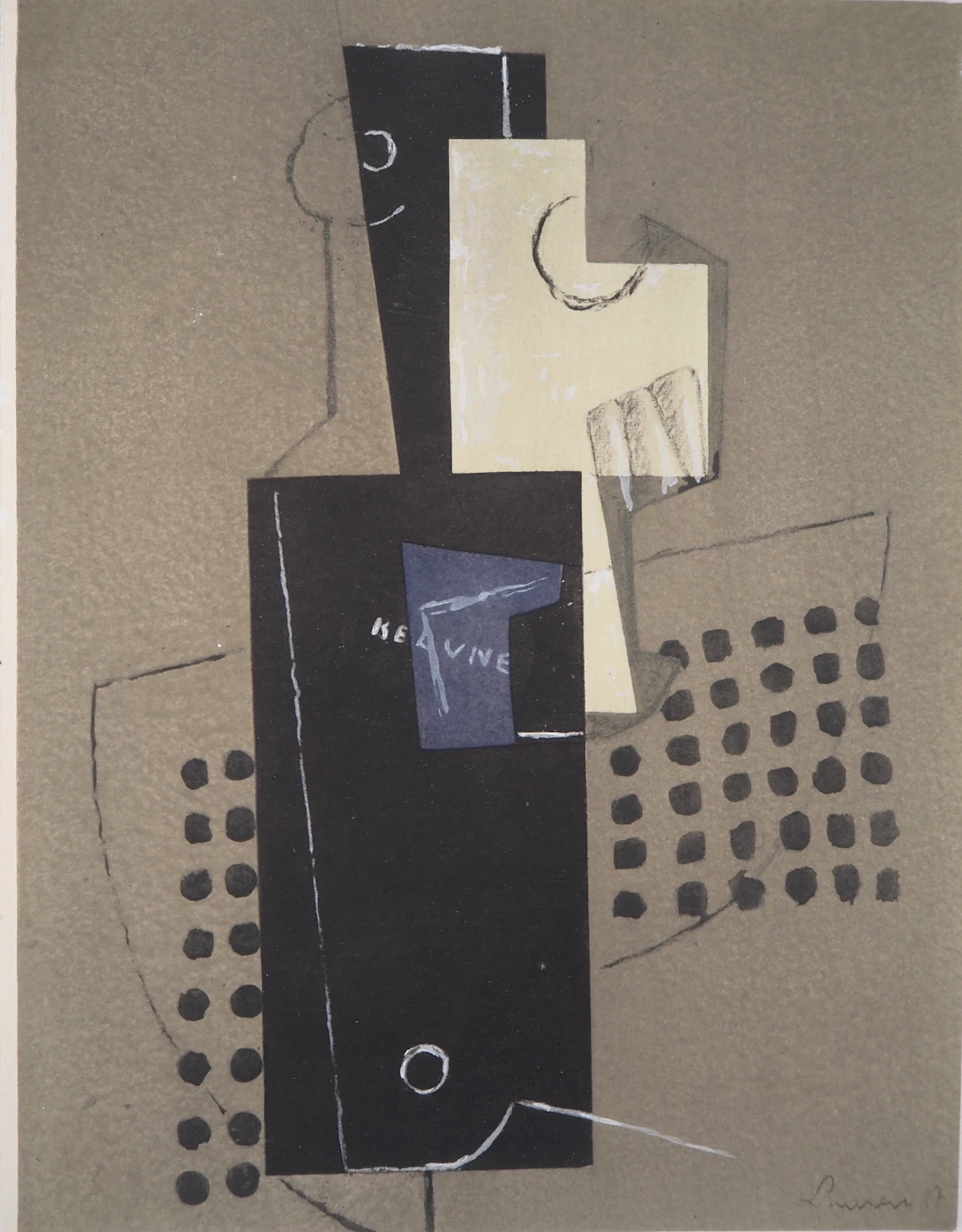 Henri LAURENS - Bouteille et guitare cubistes, 1956 - Pochoir signé