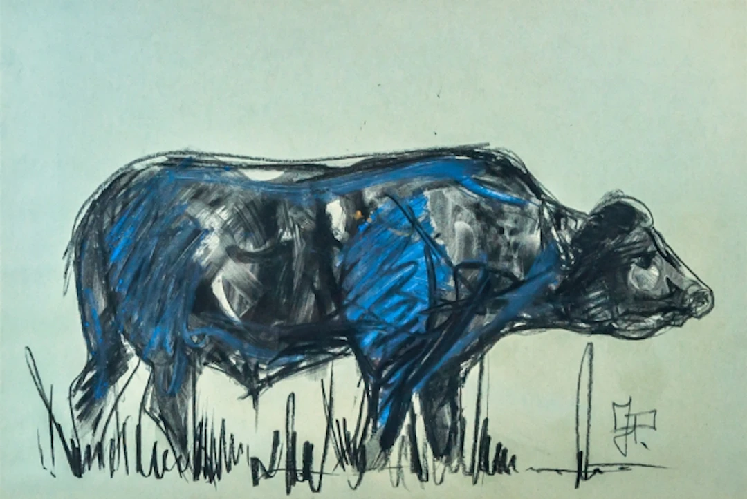 Jean POULAIN - Le Buffle, 1940, Aquarelle et fusain monogrammé