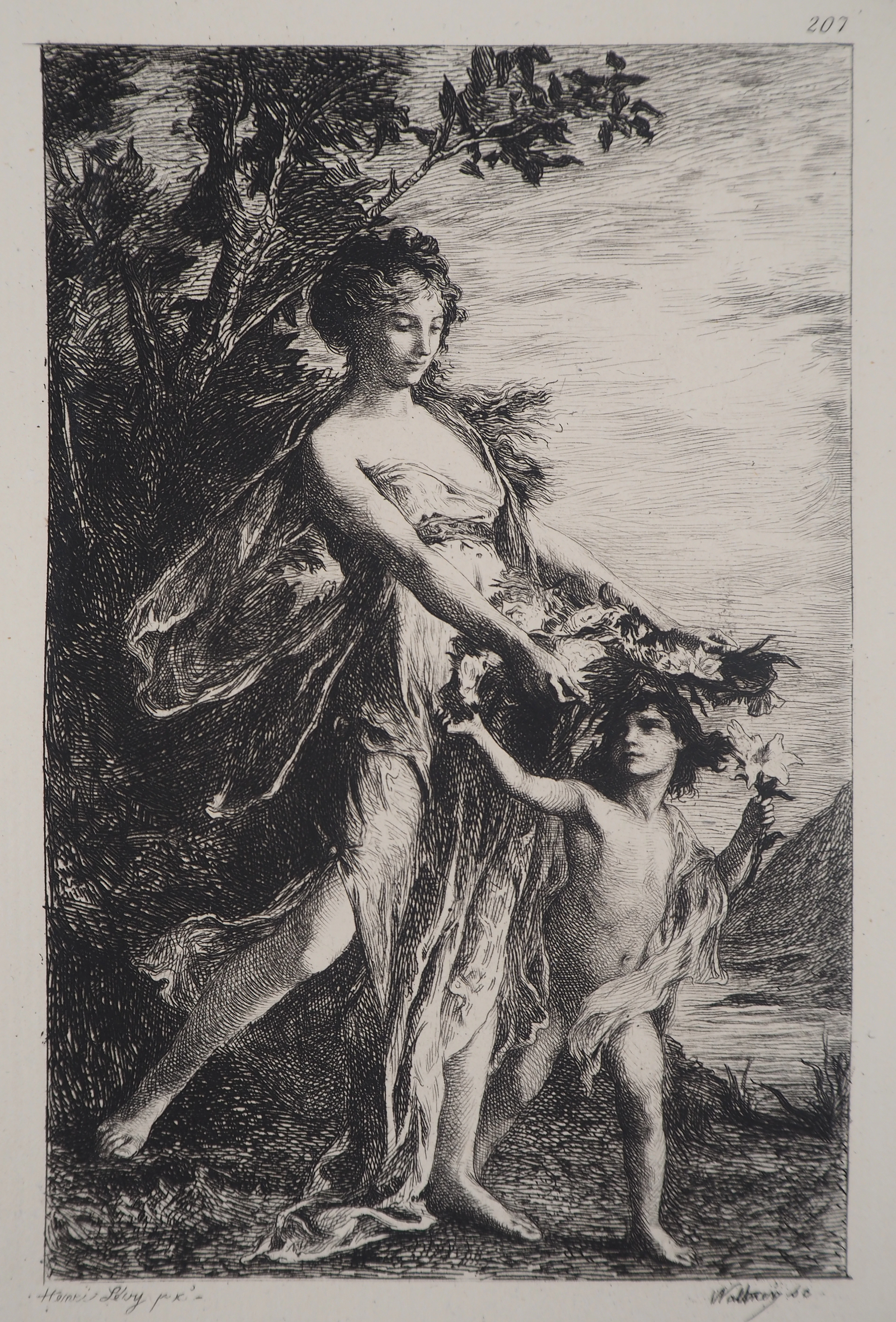 Henri Léopold LEVY : Mère et enfant - Le printemps - Gravure, Signée