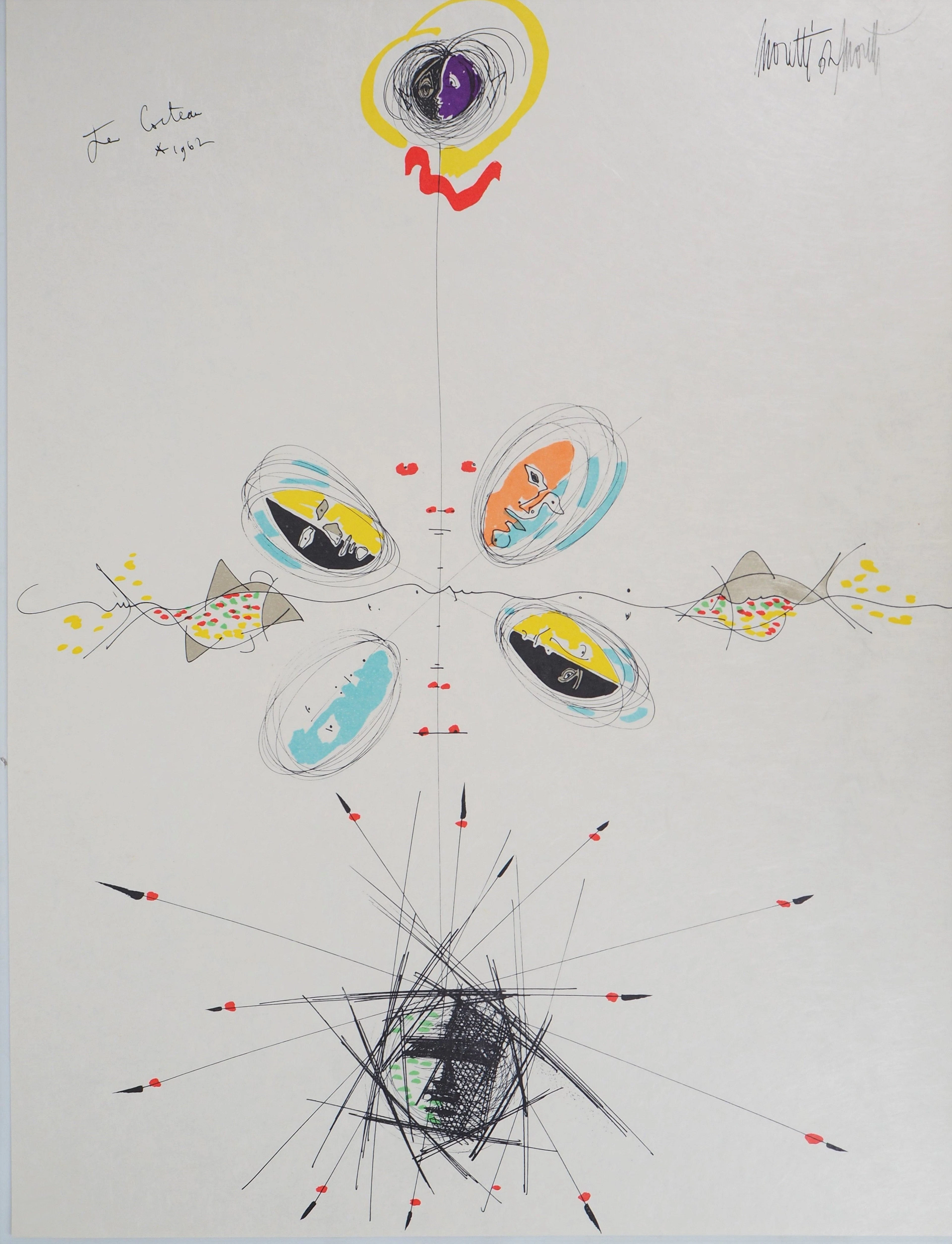 Raymond MORETTI et Jean COCTEAU : Visages et poissons, Lithographie