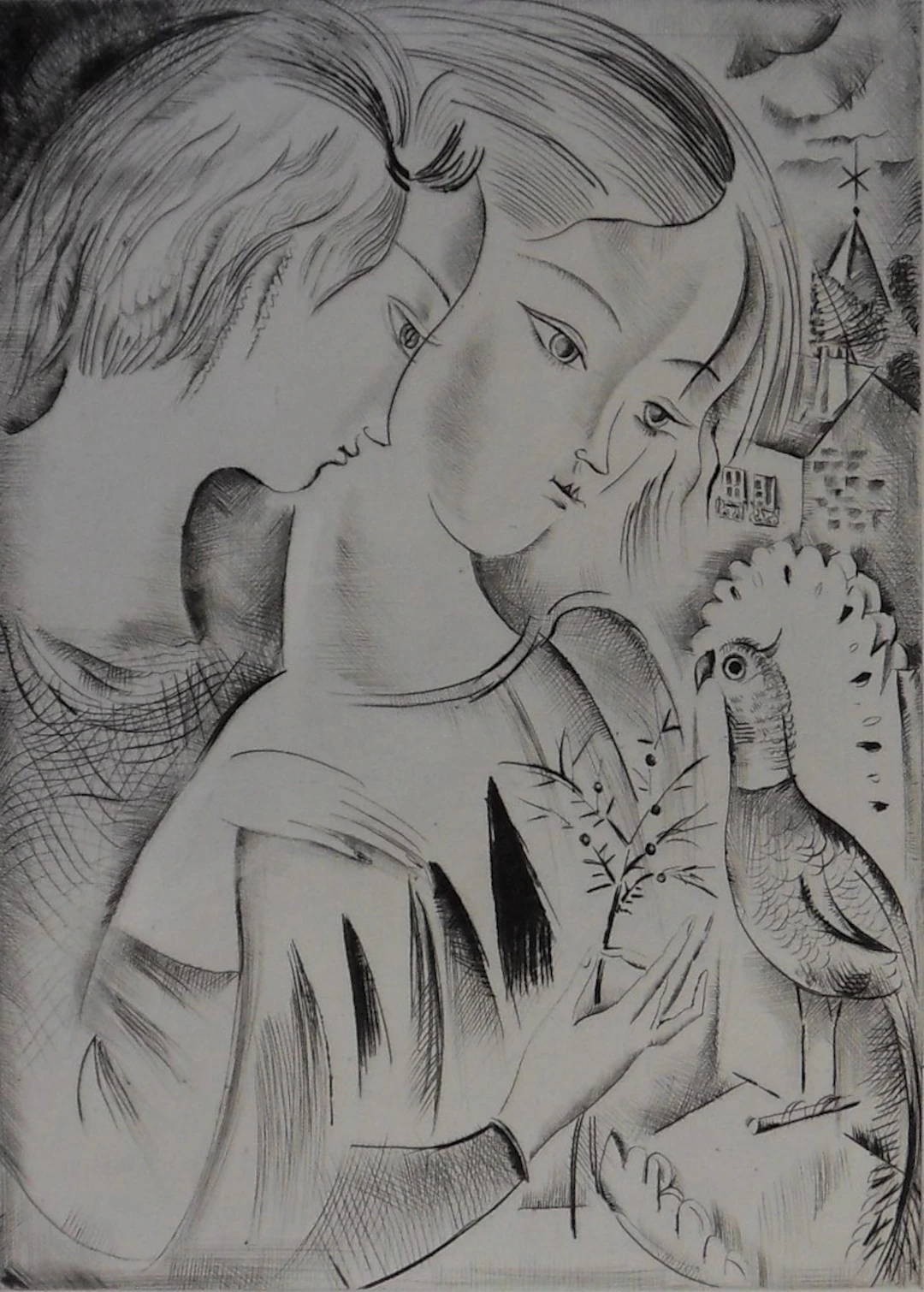 Mily POSSOZ : Les enfants et le perroquet - Gravure originale signée