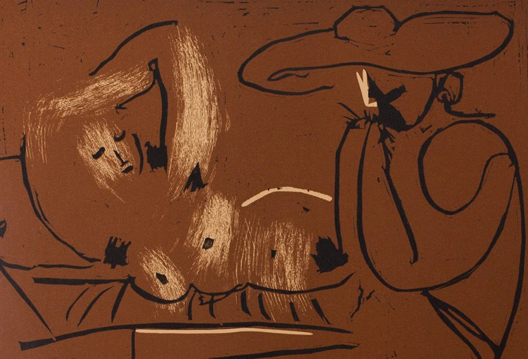 Pablo PICASSO : Nu couché et guitariste au chapeau, Linogravure