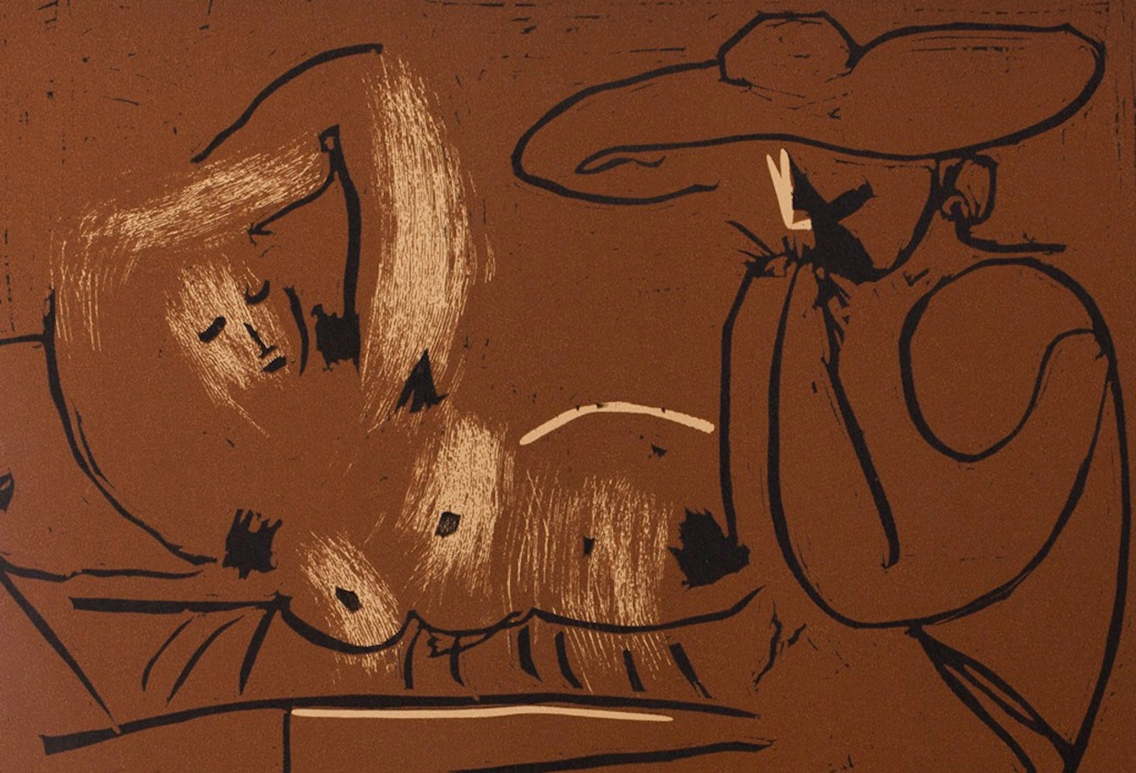 Pablo PICASSO : Nu couché et guitariste au chapeau, Linogravure