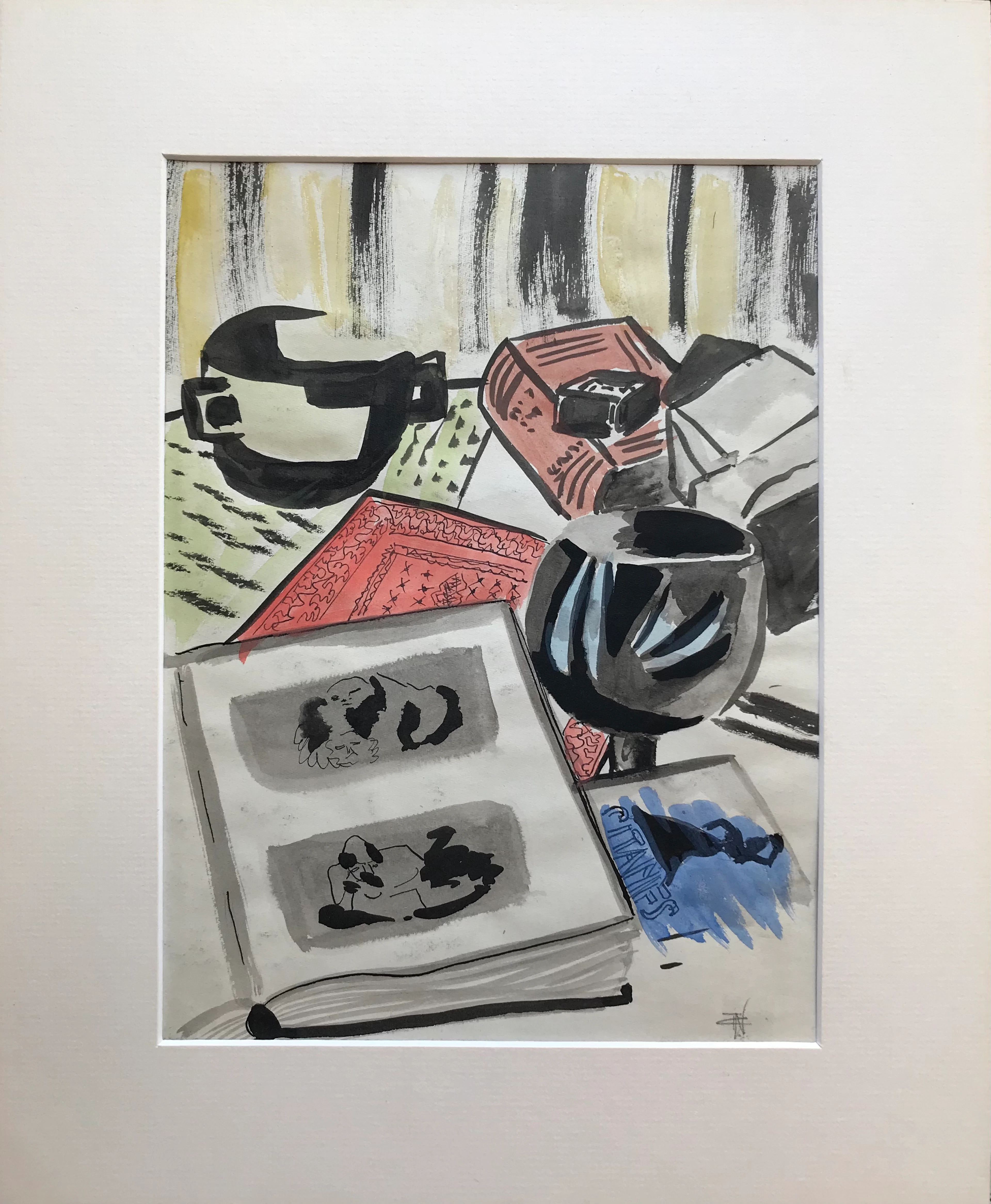 Tonia CARIFFA - Nature morte au paquet de gitanes- Encre et aquarelle signée