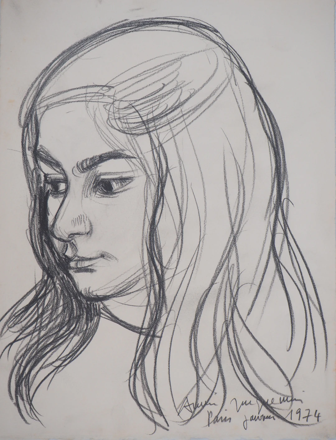 André JACQUEMIN - Jeune fille les yeux baissés,1974 - Dessin signé