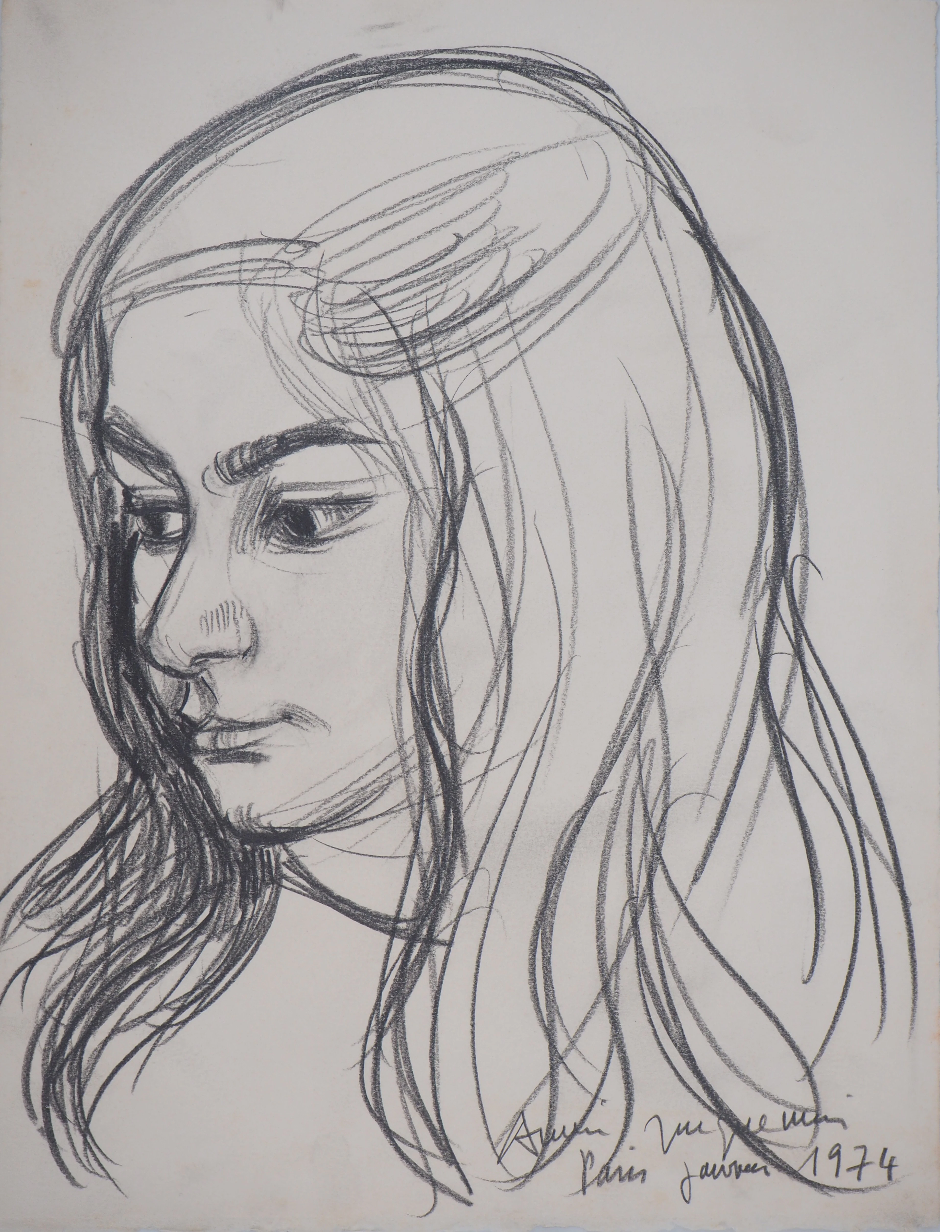 André JACQUEMIN - Jeune fille les yeux baissés,1974 - Dessin signé