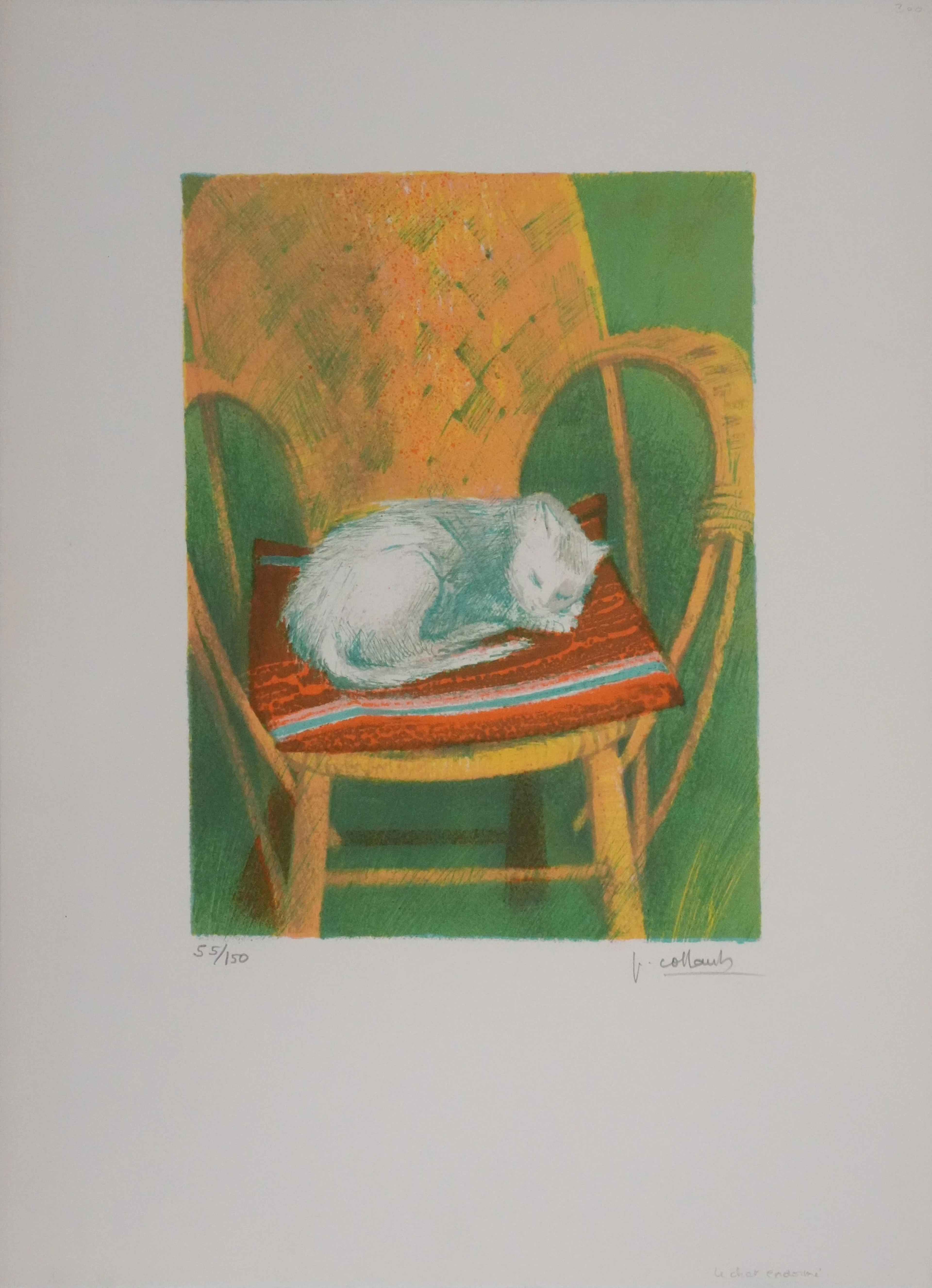 Paul COLLOMB : Le chat endormi, Lithographie originale signée
