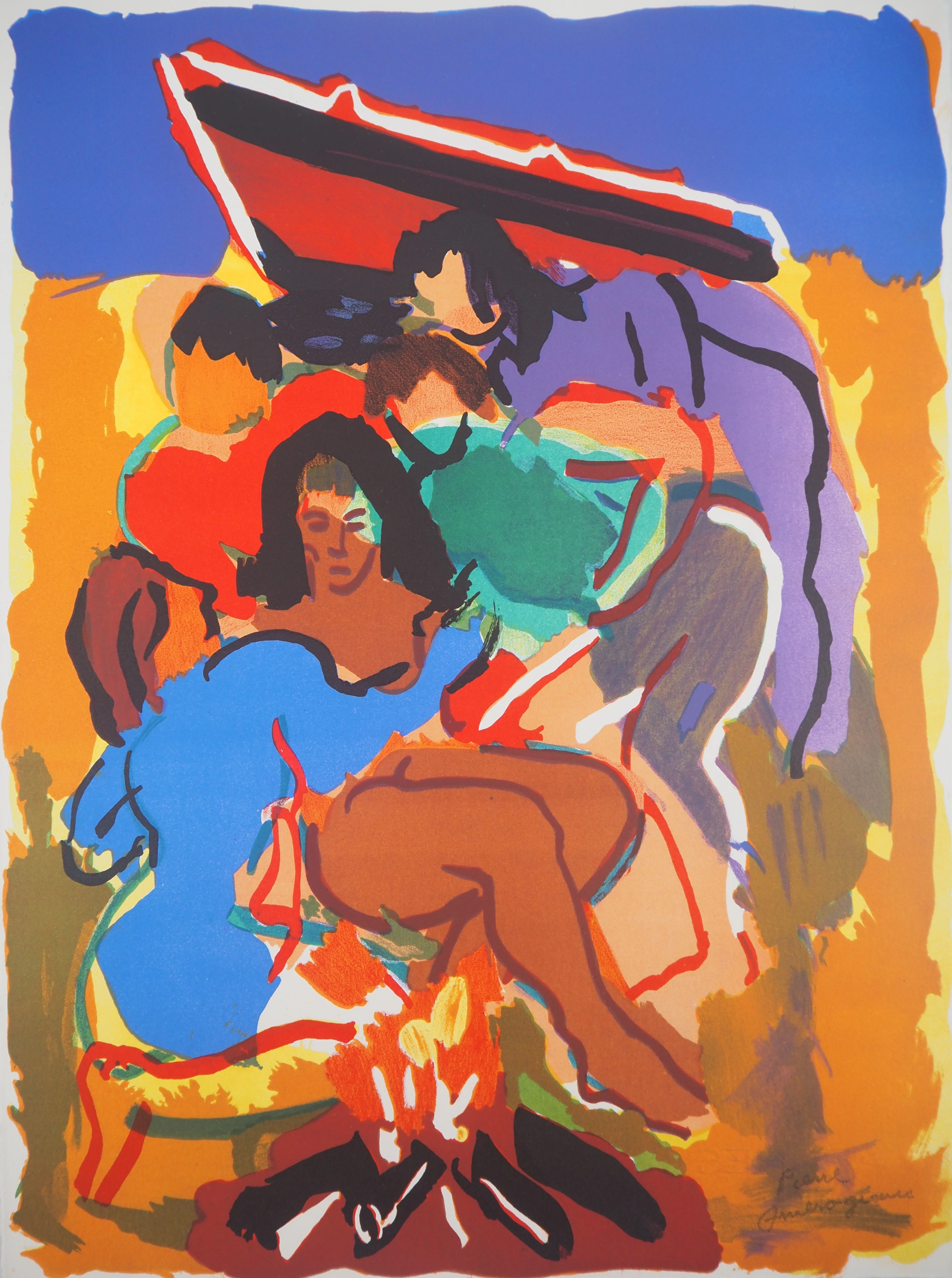 Pierre AMBROGIANI : Autour du feu de camp - Lithographie originale signée
