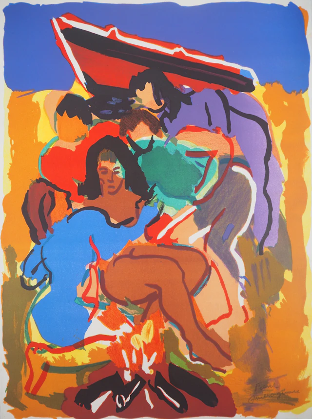 Pierre AMBROGIANI : Autour du feu de camp - Lithographie originale signée