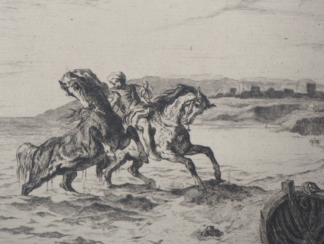 Eugène DELACROIX (d’après) - Chevaux sortant de l’eau, 1873 - Gravure signée