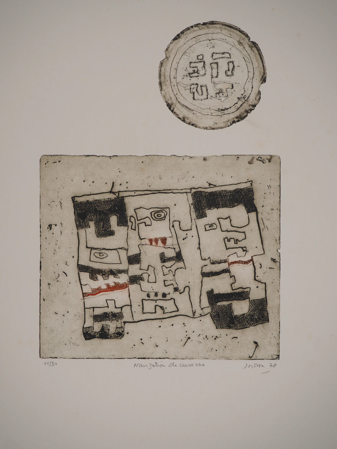 Jacques SOISSON : Navigation de conserve au médaillon, Gravure originale signée