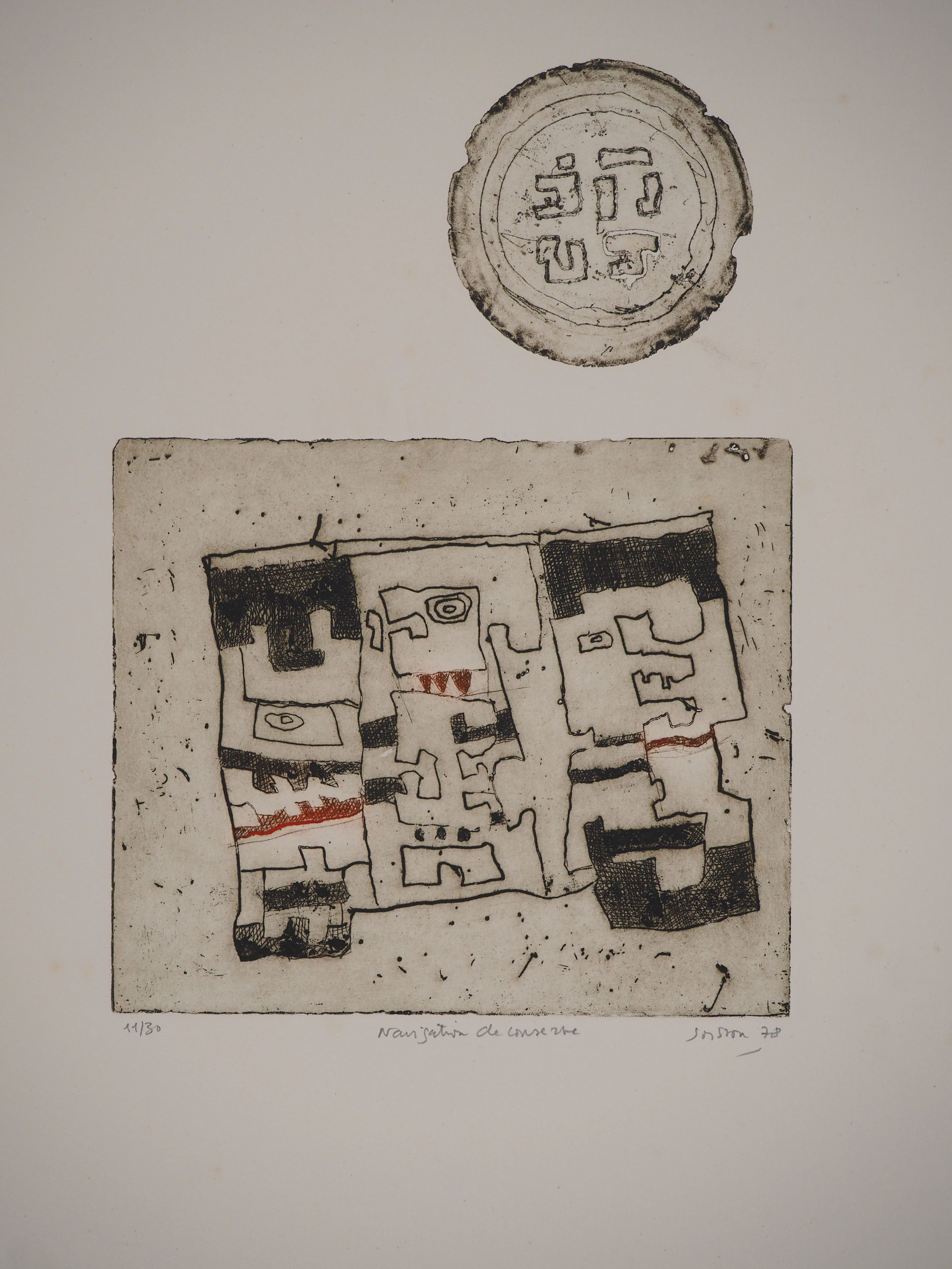 Jacques SOISSON : Navigation de conserve au médaillon, Gravure originale signée