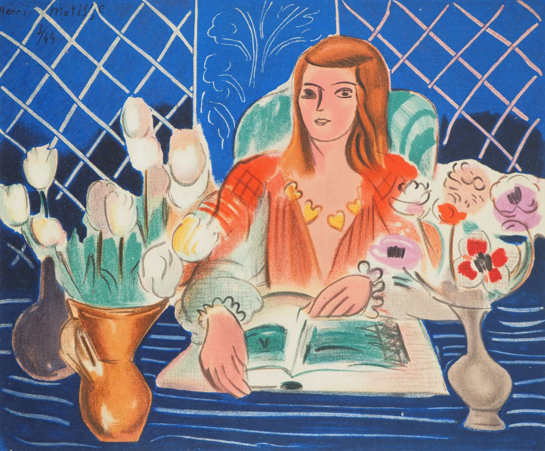 Henri MATISSE : Lecture sur un bureau fleuri, Lithographie signée