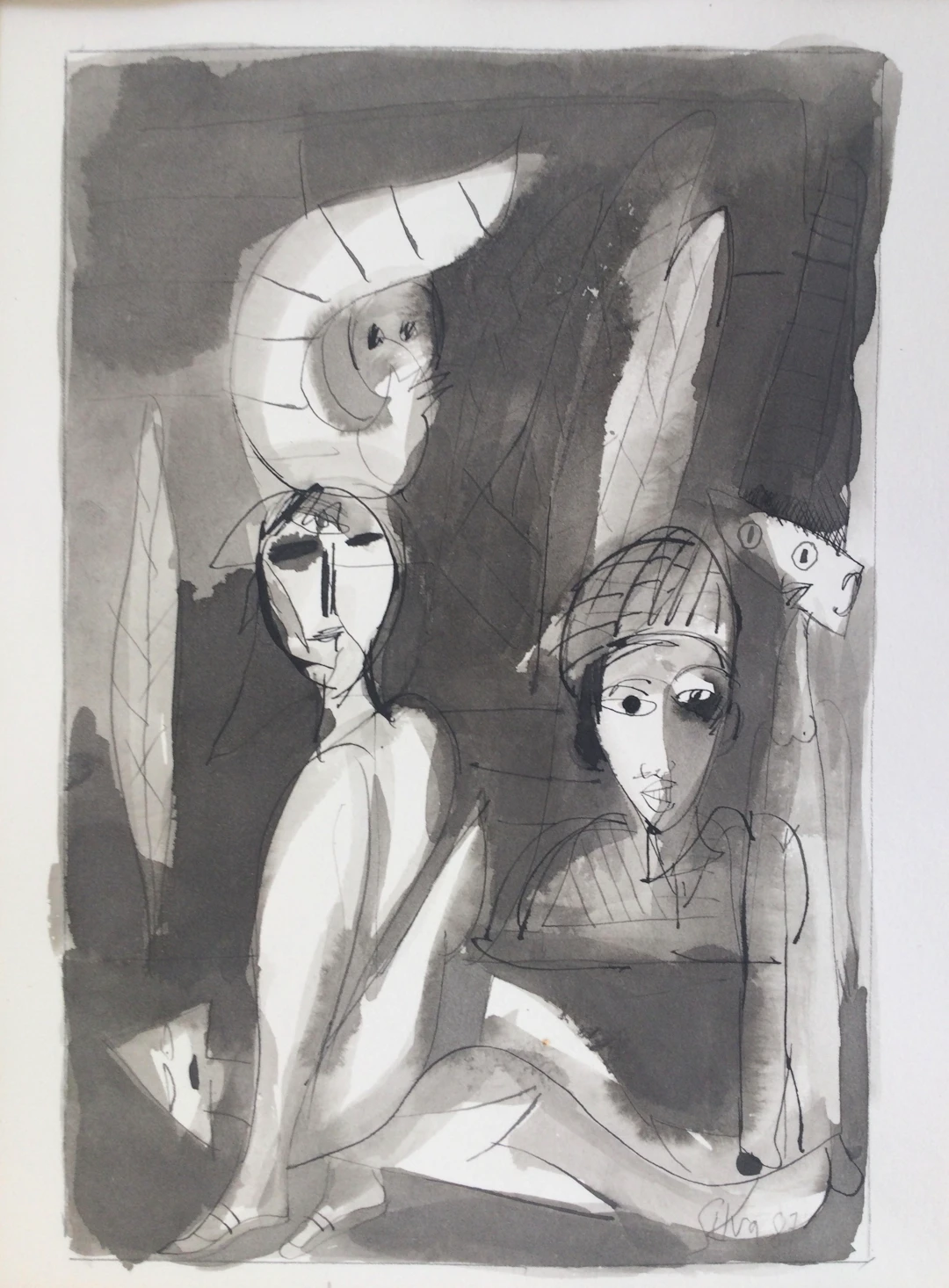 Julio SILVA - Personnages , 1987 - Encre et lavis signé