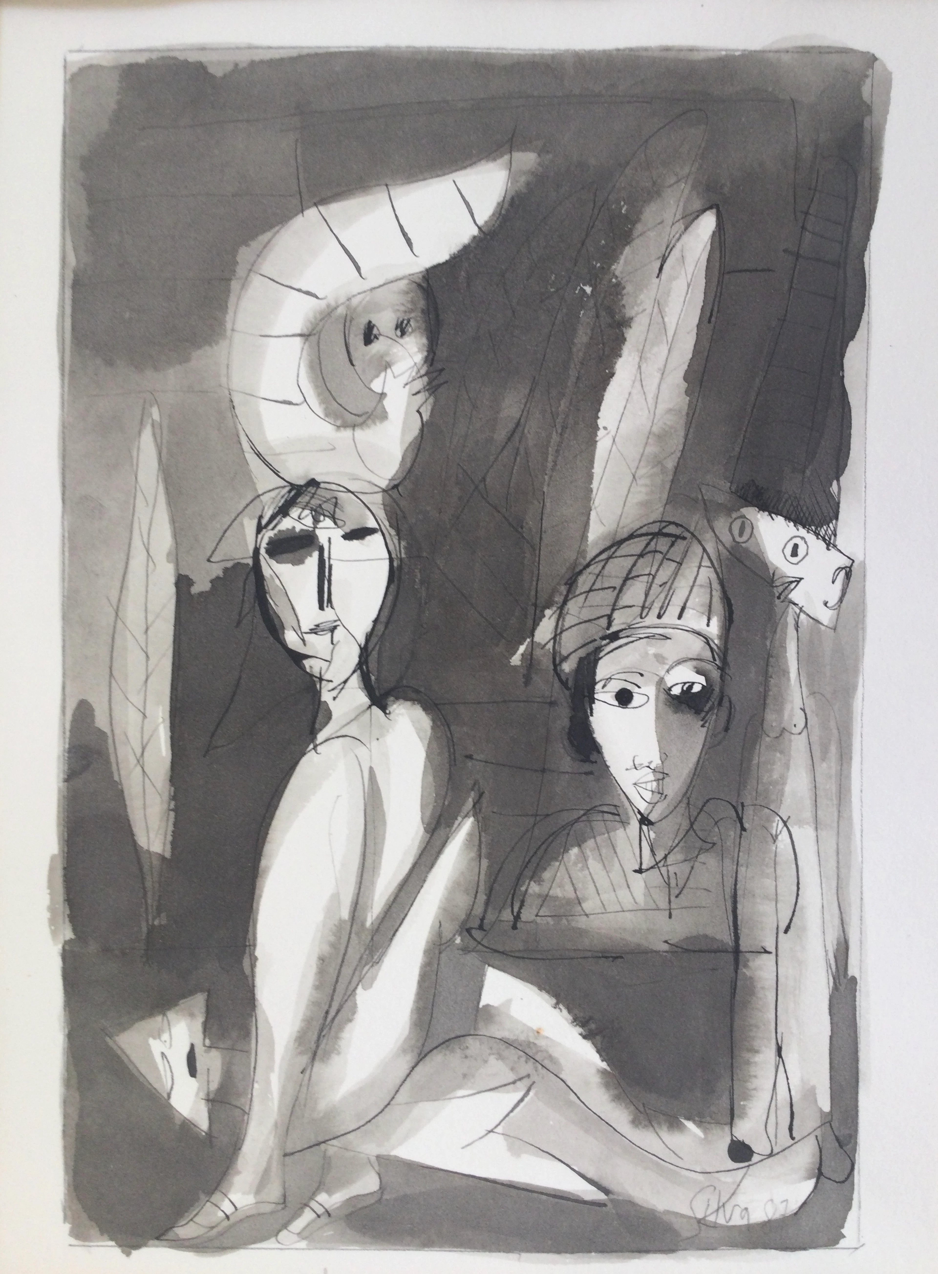 Julio SILVA - Personnages , 1987 - Encre et lavis signé
