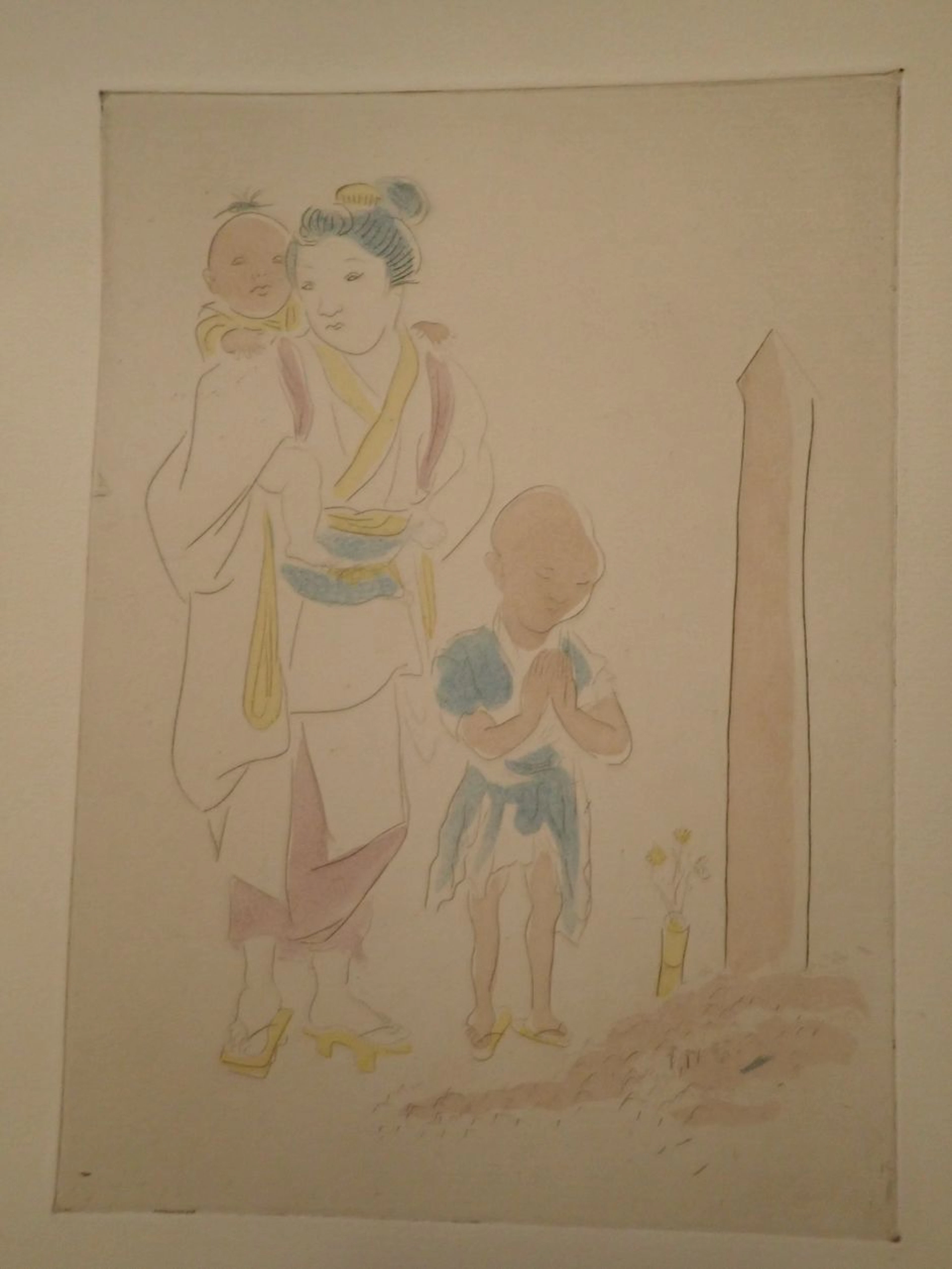 Léonard Foujita - La veuve et ses enfants, 1927 - Eau-forte coloris de Jacomet
