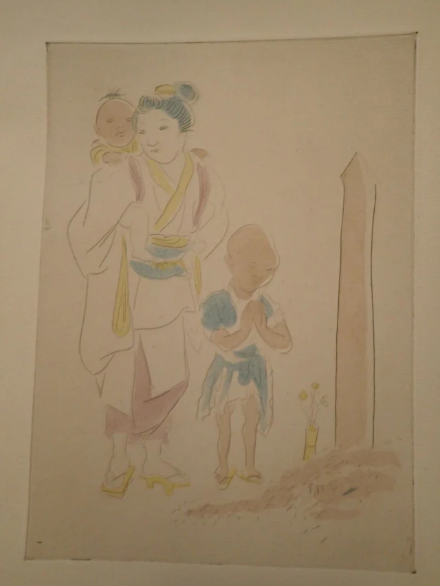 Léonard Foujita - La veuve et ses enfants, 1927 - Eau-forte coloris de Jacomet