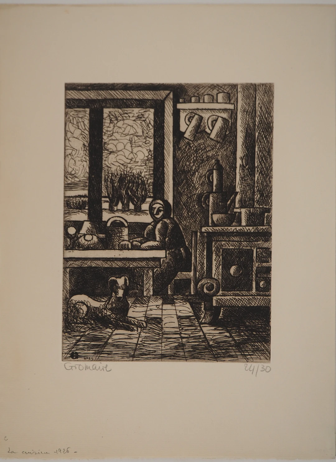 Marcel GROMAIRE : Maison de campagne, la cuisine, Gravure originale signée
