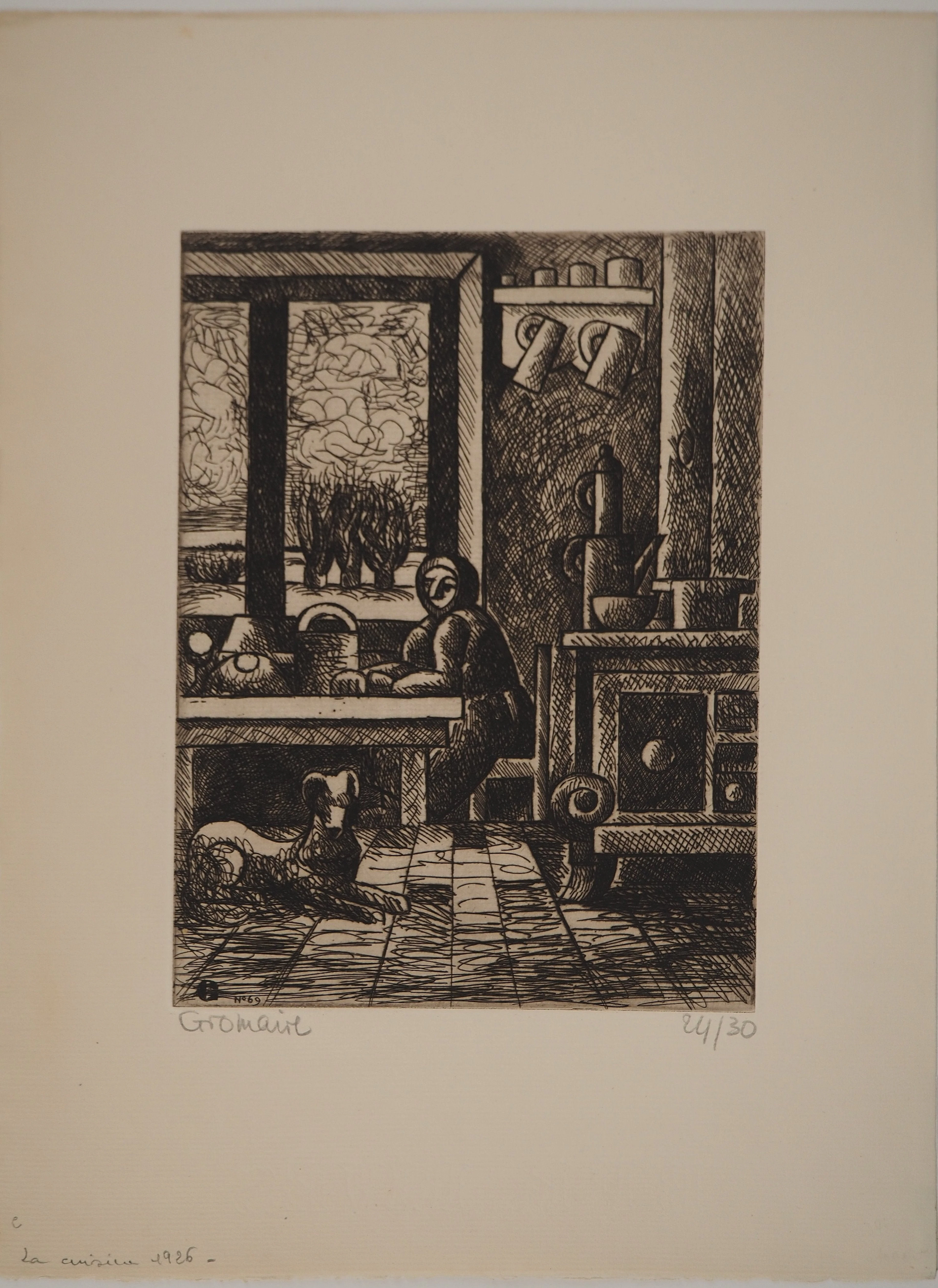Marcel GROMAIRE : Maison de campagne, la cuisine, Gravure originale signée