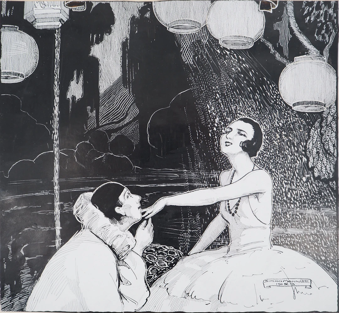 Simon MONNATTE : Pierrot et Danseuse dans un décor Japonisant, 1923