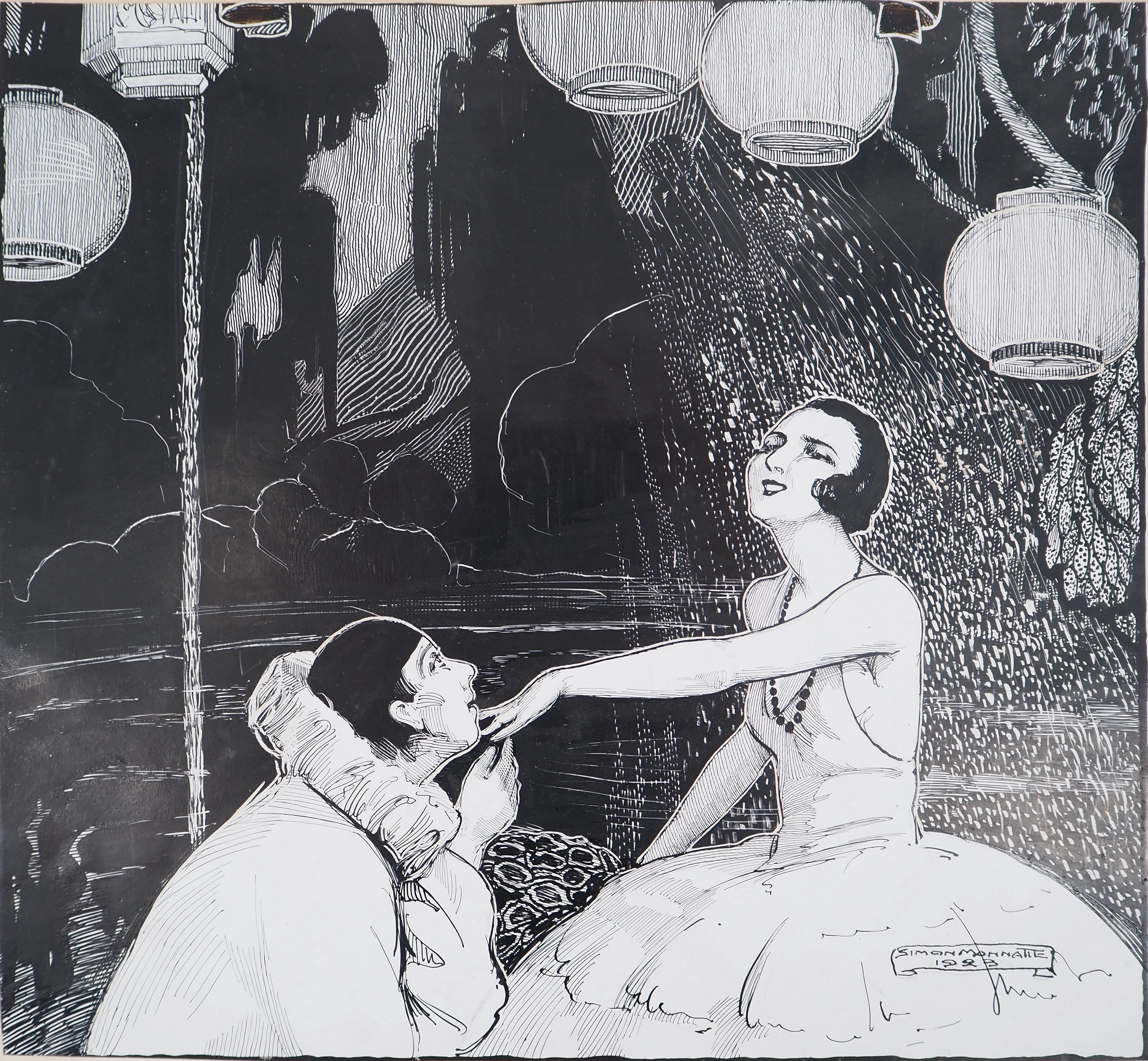 Simon MONNATTE : Pierrot et Danseuse dans un décor Japonisant, 1923