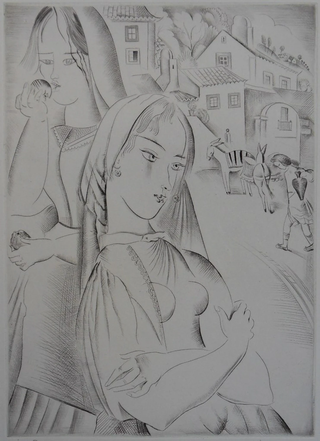 Mily POSSOZ : Les jeunes filles du village - Gravure originale signée