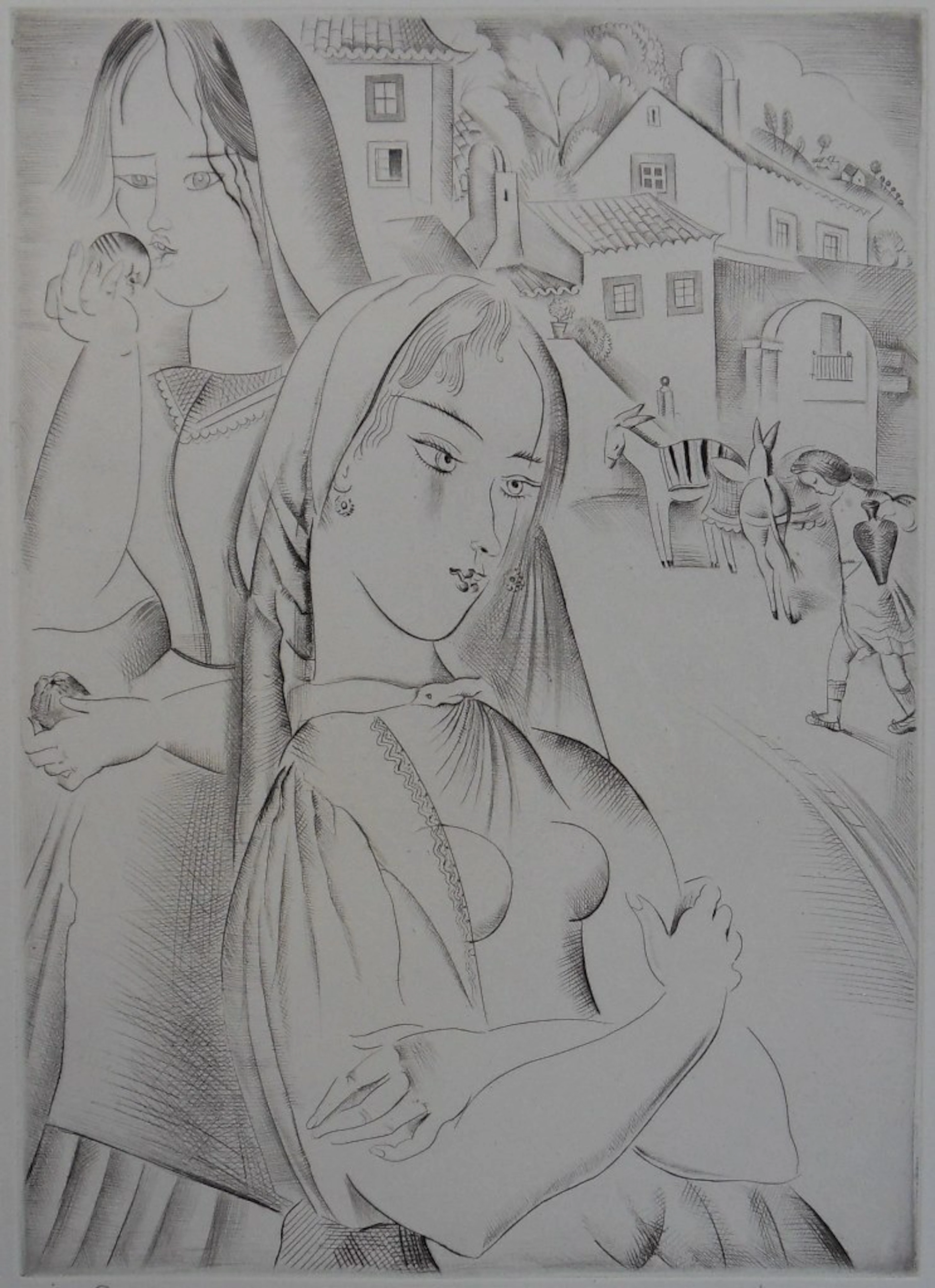 Mily POSSOZ : Les jeunes filles du village - Gravure originale signée