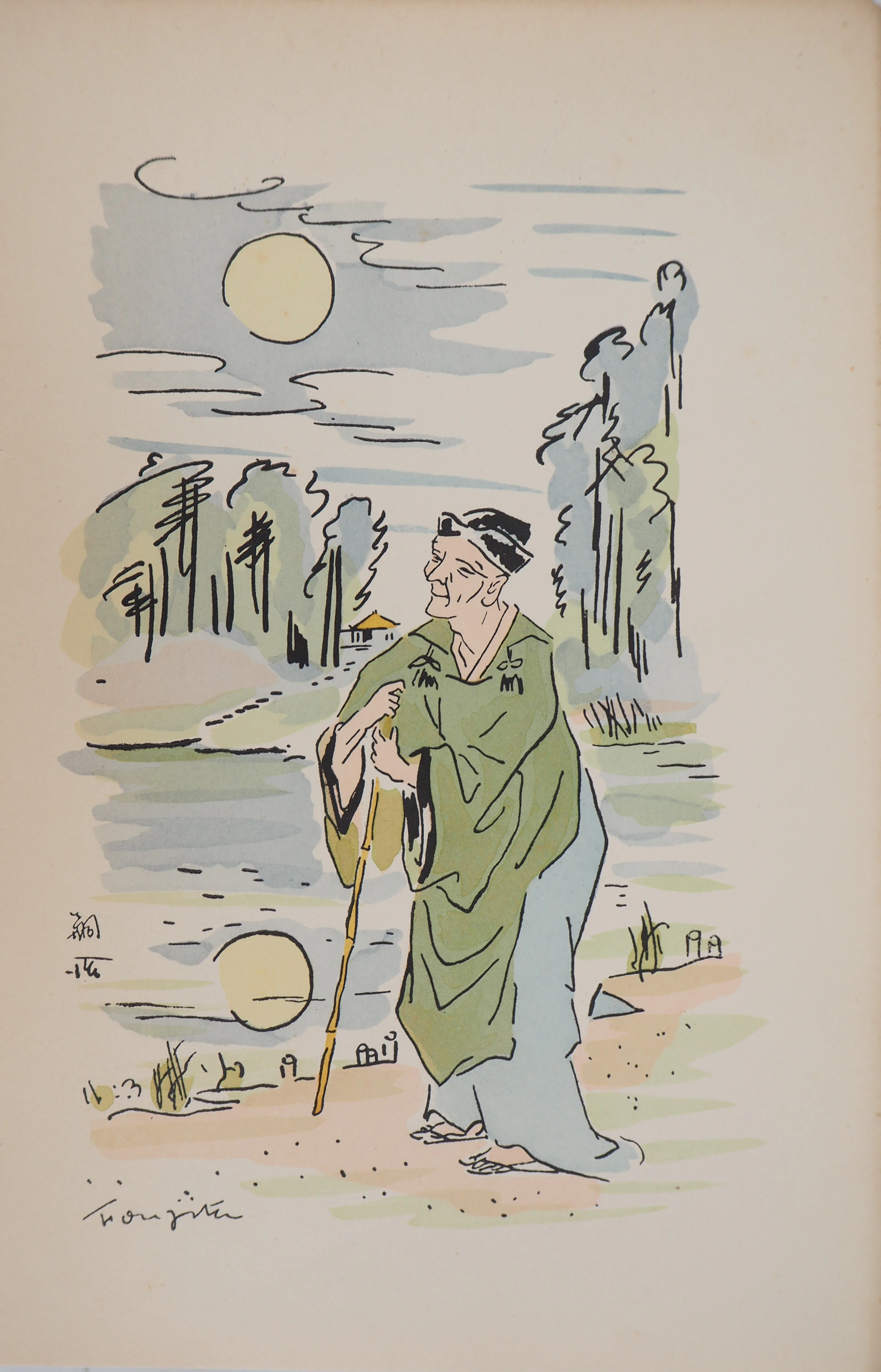 Tsuguharu FOUJITA - Sage au bord de la rivière - Gravure originale, Signée
