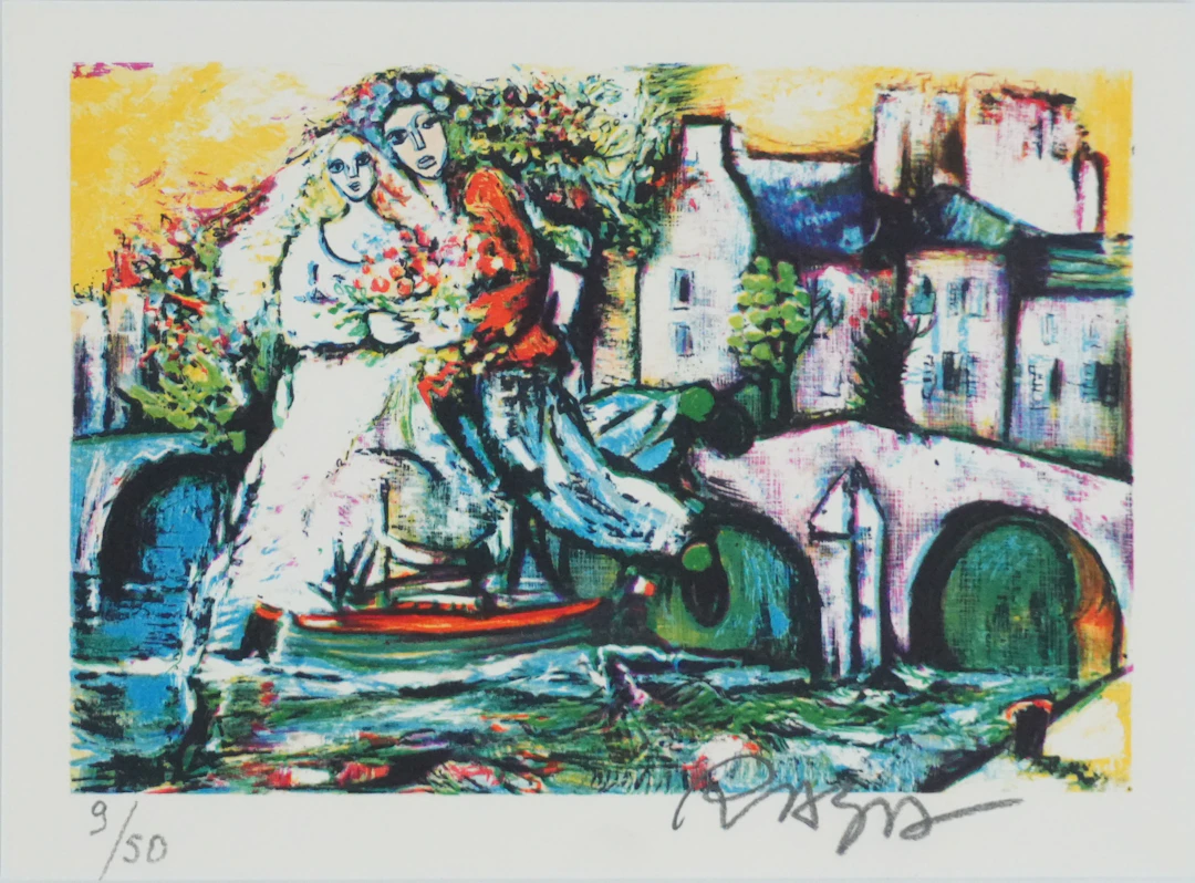 Alain RAYA SORKINE : Les mariés sur le pont, Lithographie originale signée