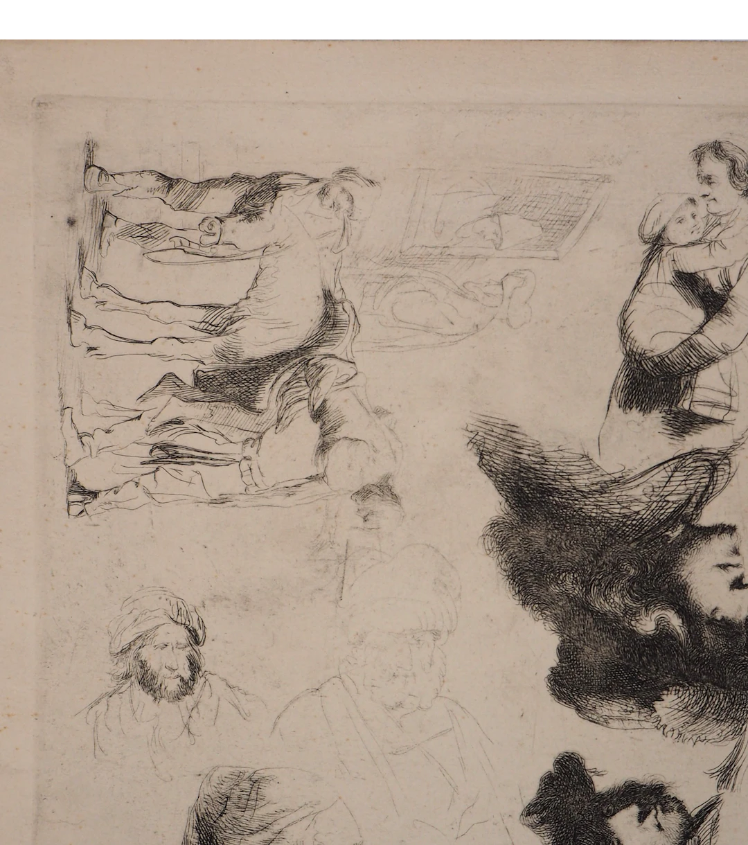 REMBRANDT (D’après) : Autoportrait et études de personnages - Gravure Signée