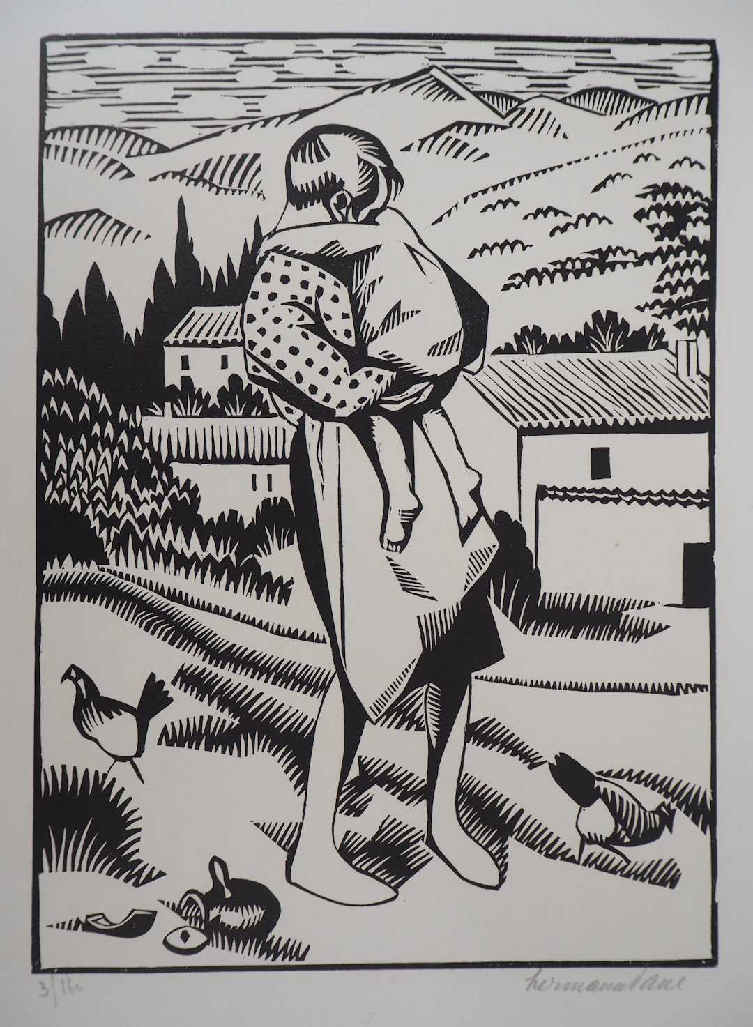 Hermann-Paul - Enfantina, Le Pot Cassé, 1927 - Bois gravé original signé