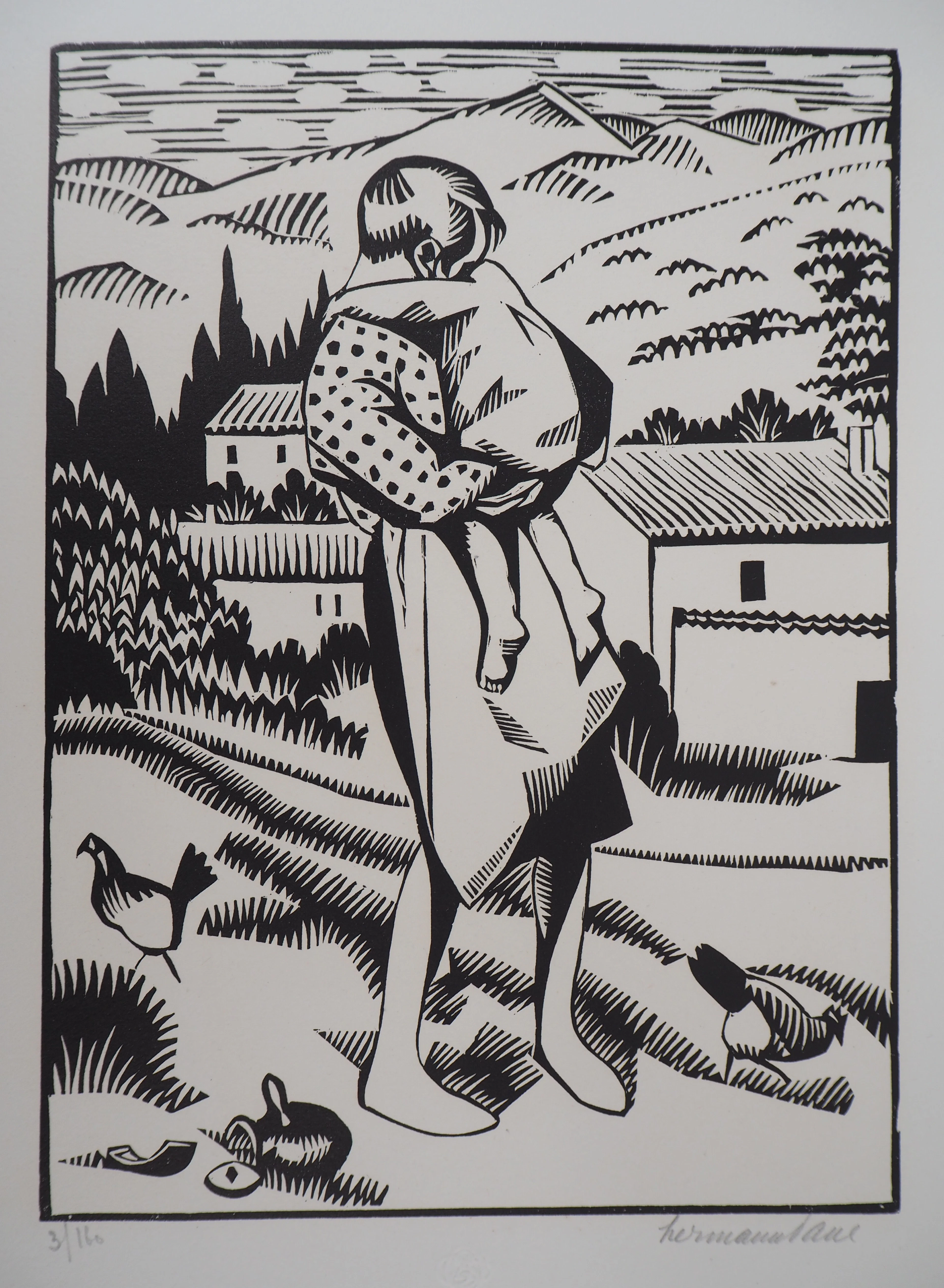 Hermann-Paul - Enfantina, Le Pot Cassé, 1927 - Bois gravé original signé