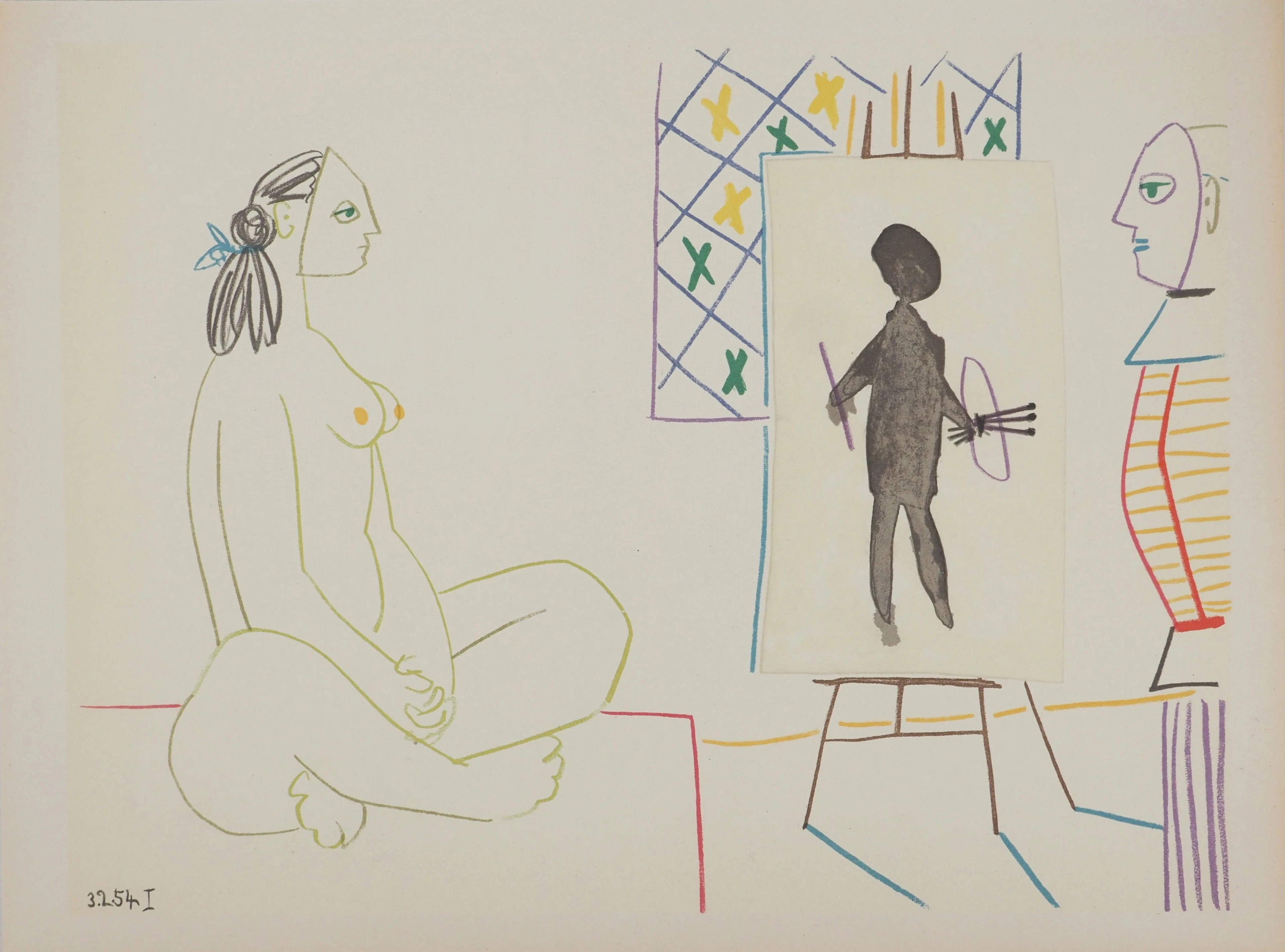 Pablo PICASSO : Le peintre costumé et son modèle, Lithographie