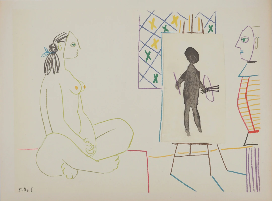 Pablo PICASSO : Le peintre costumé et son modèle, Lithographie