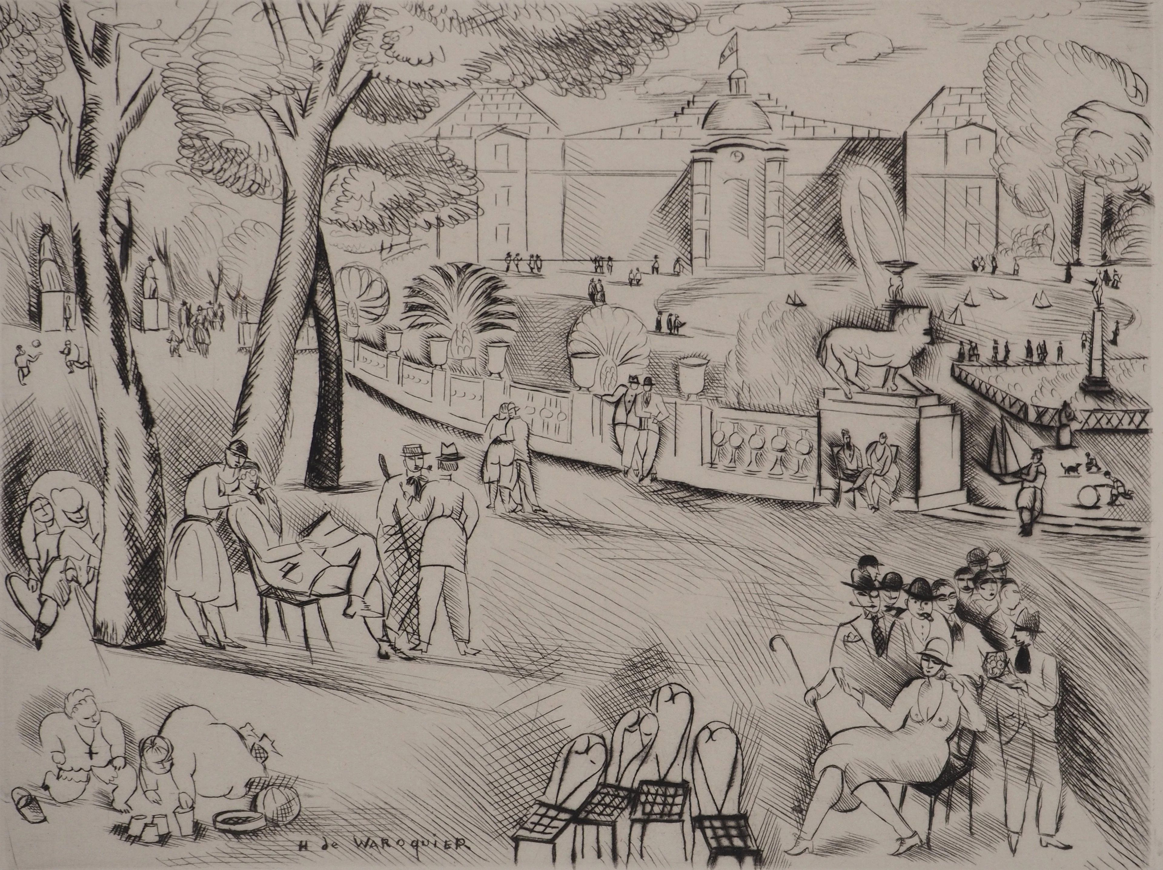Henri DE WAROQUIER : Jardin du Luxembourg, Gravure originale signée