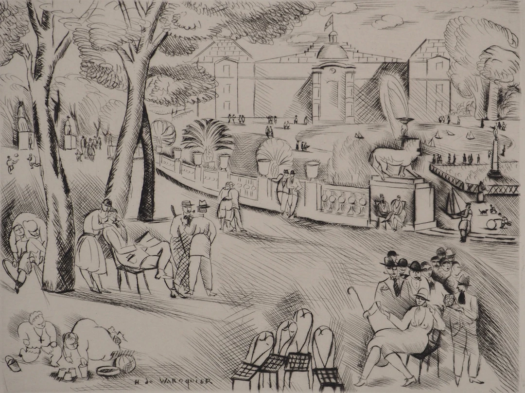 Henri DE WAROQUIER : Jardin du Luxembourg, Gravure originale signée