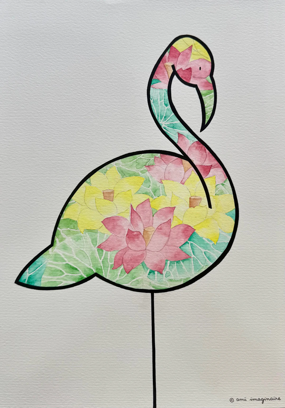 Ami Imaginaire - Flamingo - 2023 - Technique mixte sur papier - Signée