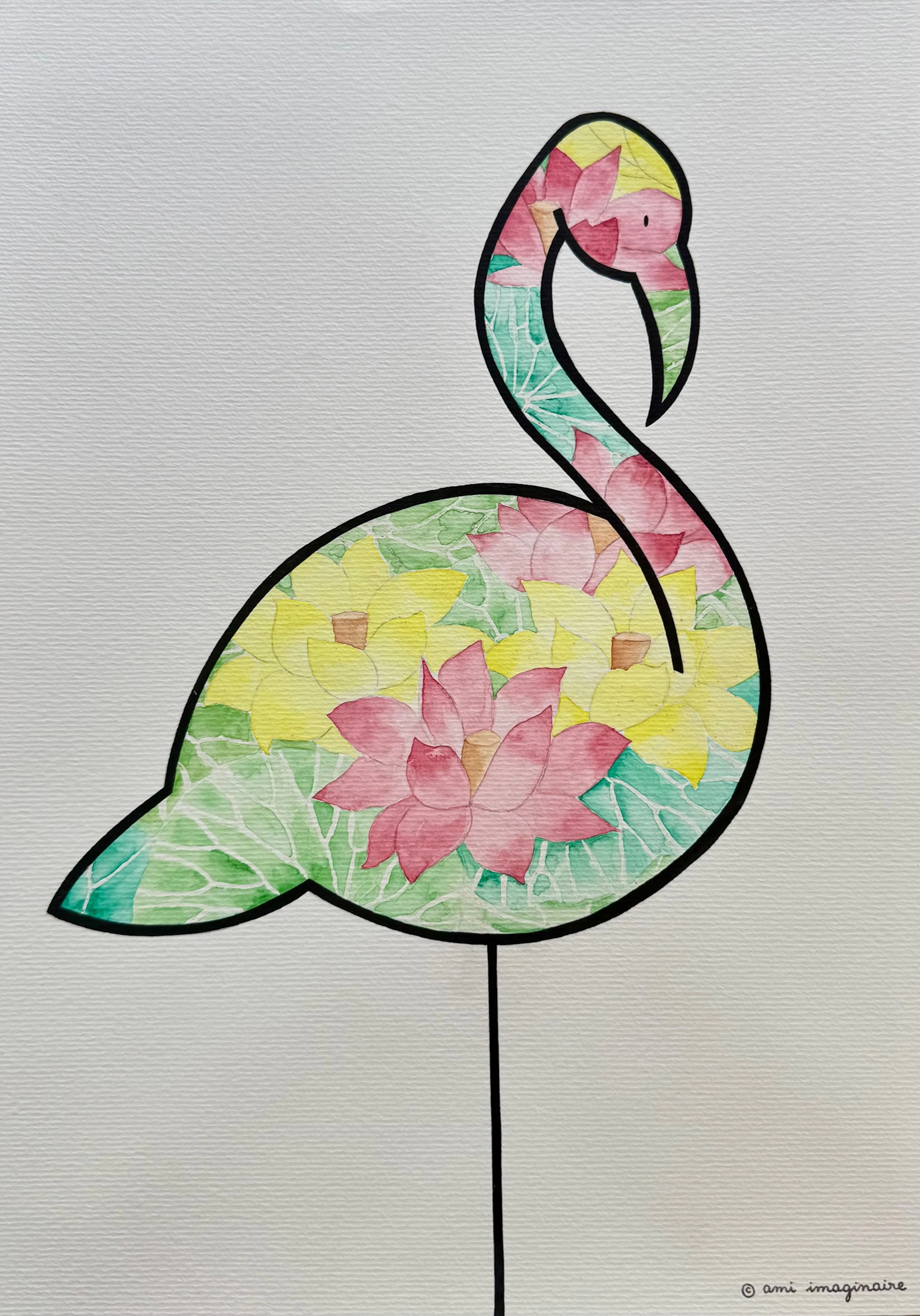 Ami Imaginaire - Flamingo - 2023 - Technique mixte sur papier - Signée