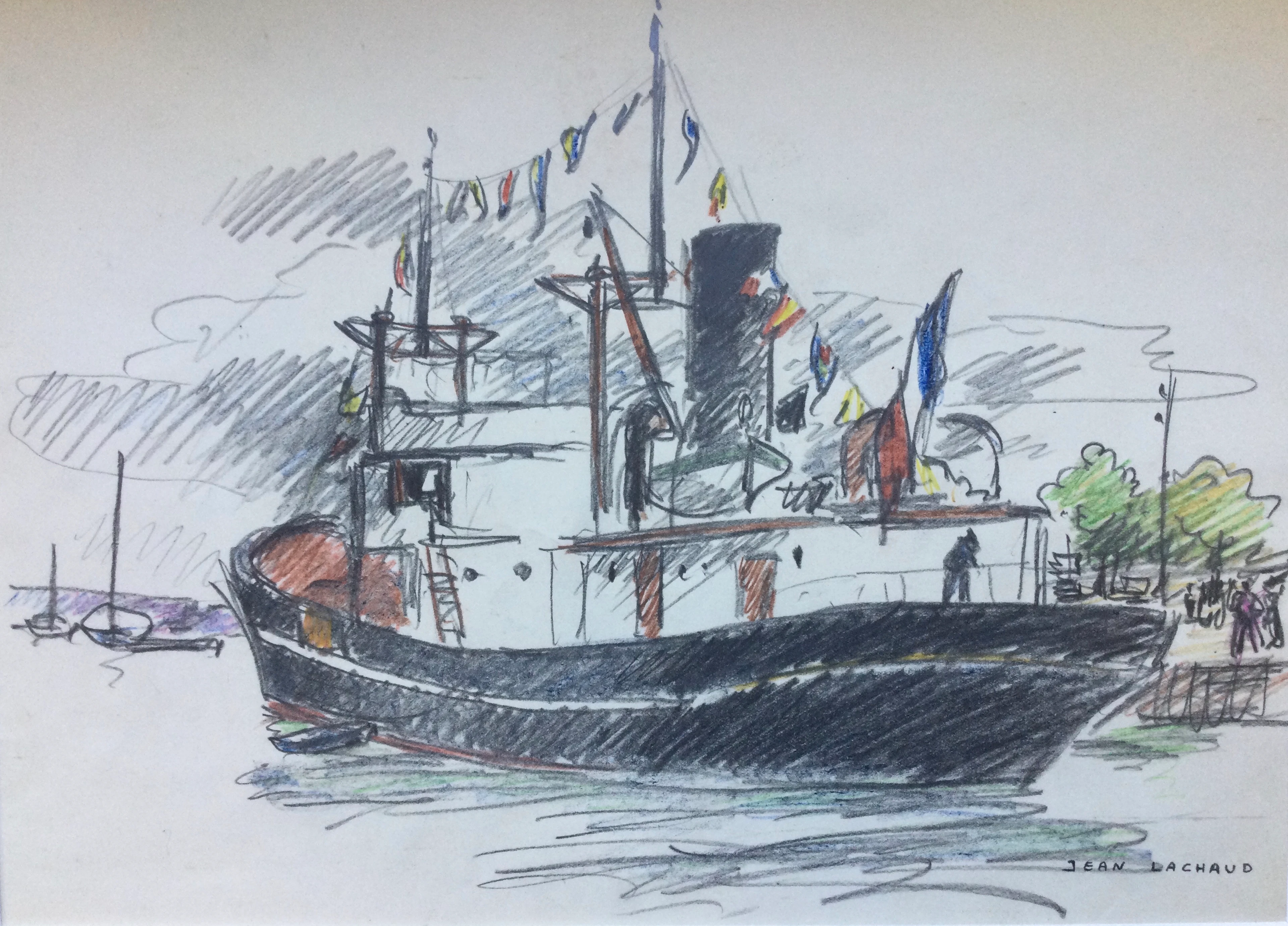 Jean LACHAUD - Thonier breton à quai - Dessin aux crayons de couleurs signé