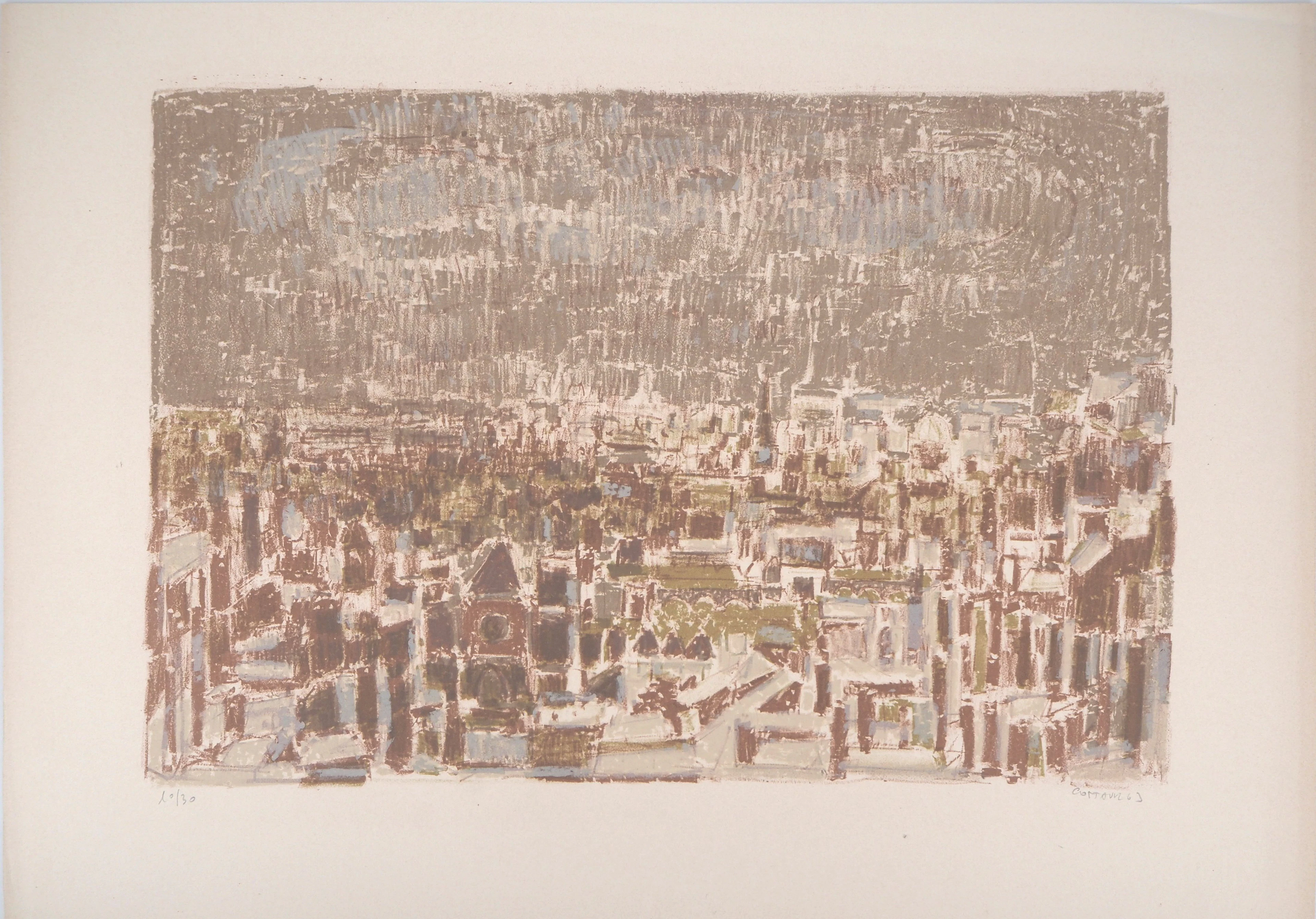 André COTTAVOZ : Ville sous la pluie - Lithographie Originale Signée