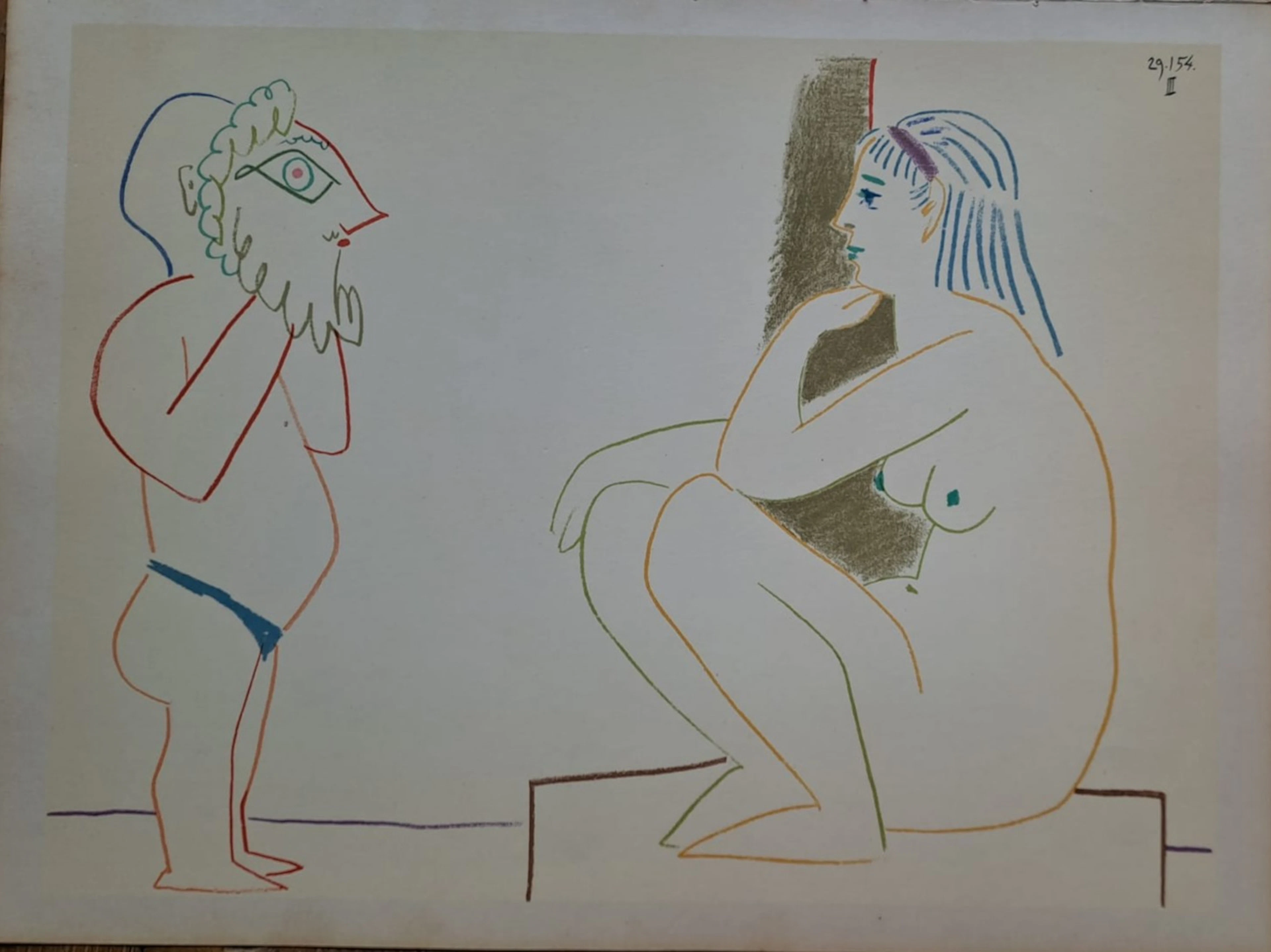 Pablo Picasso - La femme nue et l’homme masqué, 1954 - Lithographie